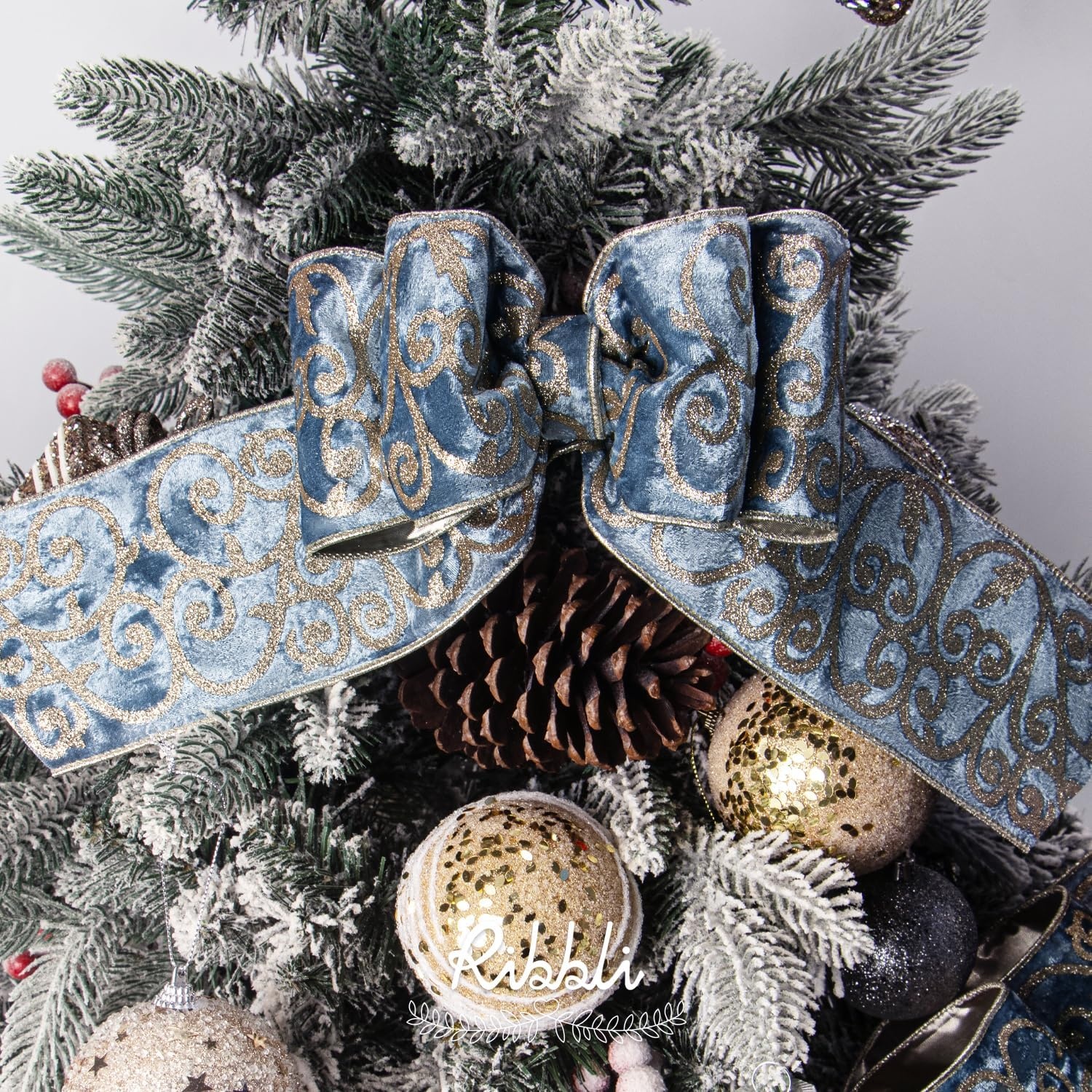 Ribbli Sage Green Velvet Ribbon Wired with Glitter Swirl 4 Inch Christmas Ribbon for Christmas Tree Decoration Big Bow Gift Wrapping Crafts Wreaths Supplies – 10 Yards(Dusty Blue)