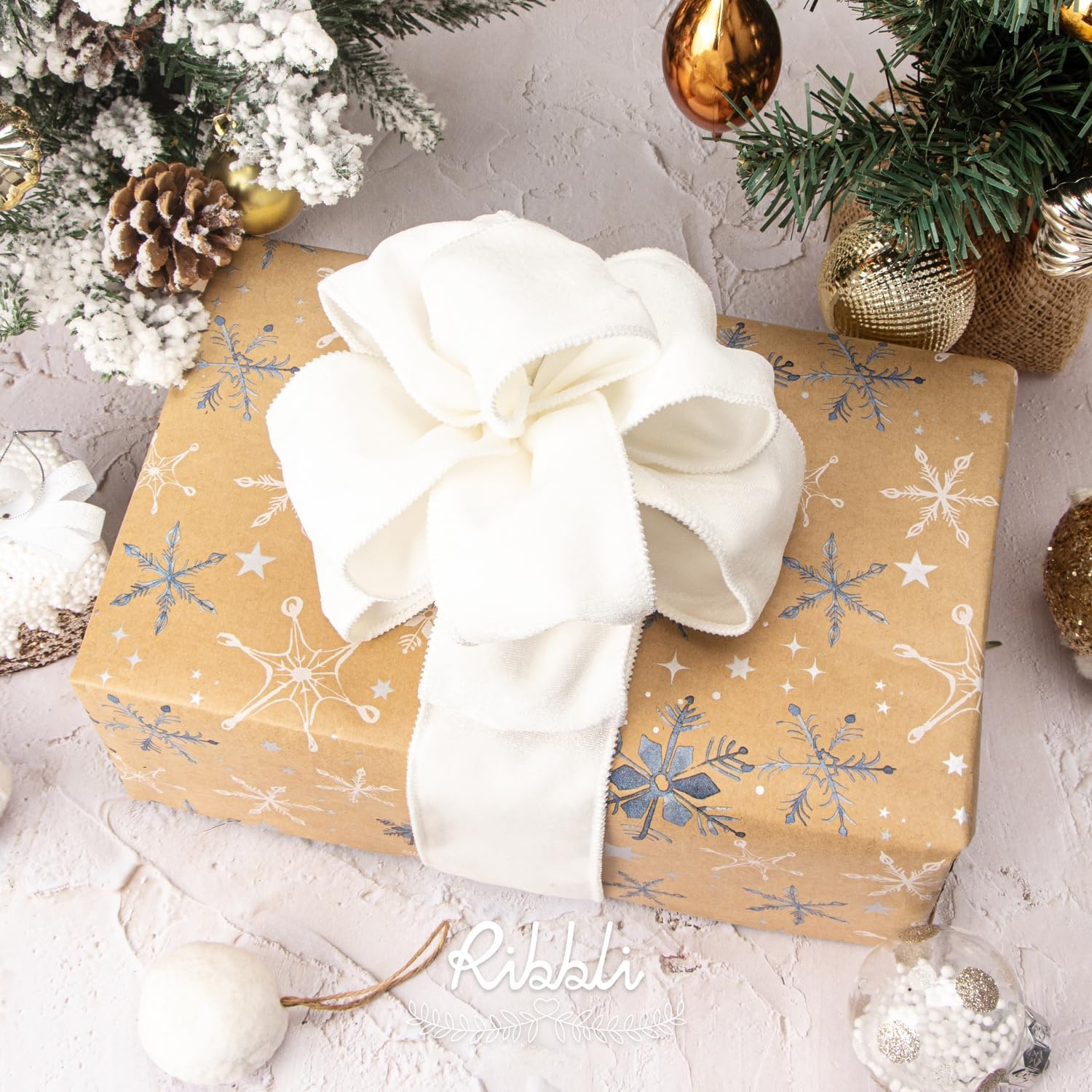 Ribbli Dusty Green Velvet Wired Ribbon 4 Inch Sage Velvet with Satin Christmas Ribbon for Gift Wrapping Christmas Tree Decoration Crafts Wreaths Supplies-Continuous 10 Yards(White)