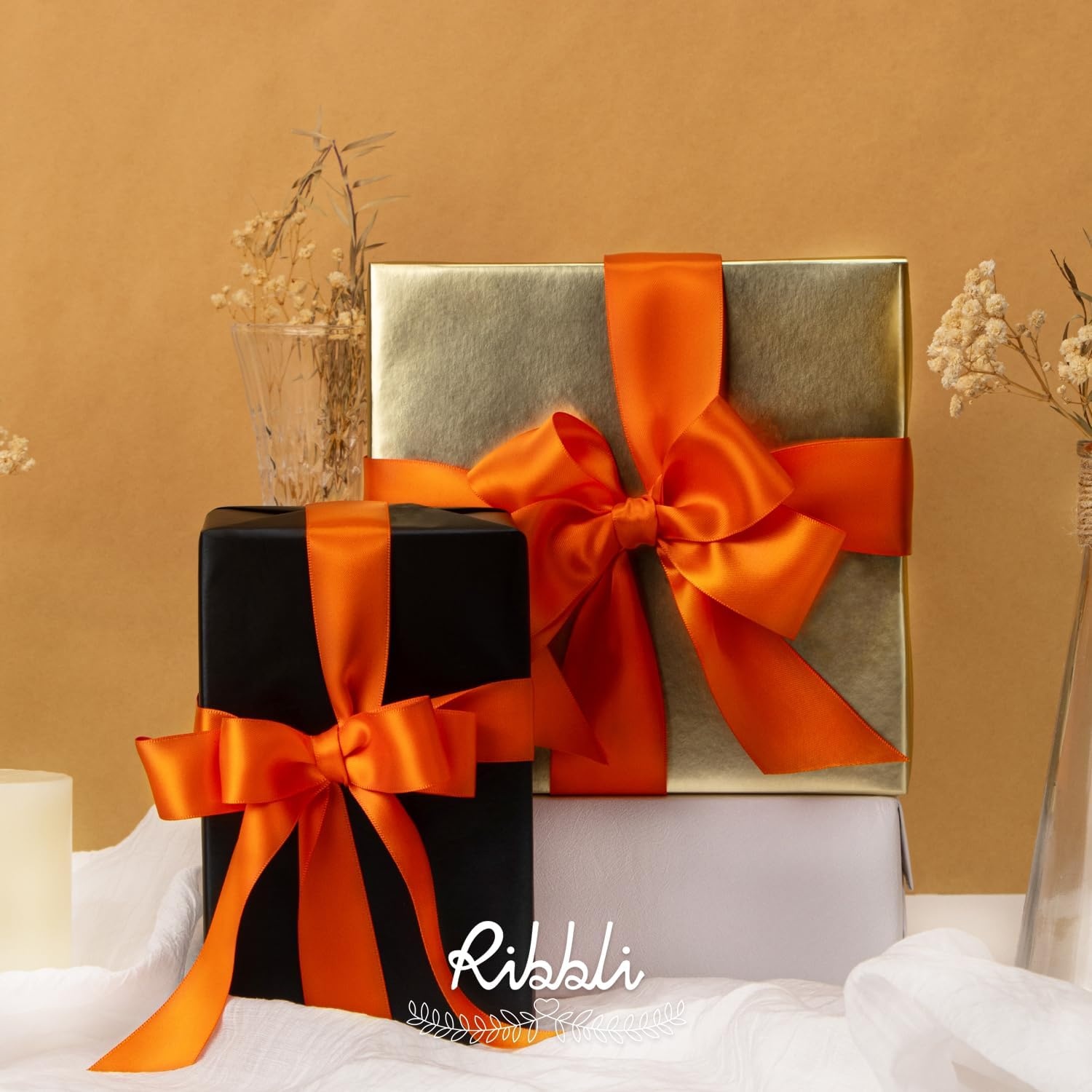 Ribbli Double Faced Rose Gold Satin Ribbon,3/8 x Continuous 25 Yards,Use for Bows Bouquet,Gift Wrapping,Floral Arrangement(Orange Torrid)