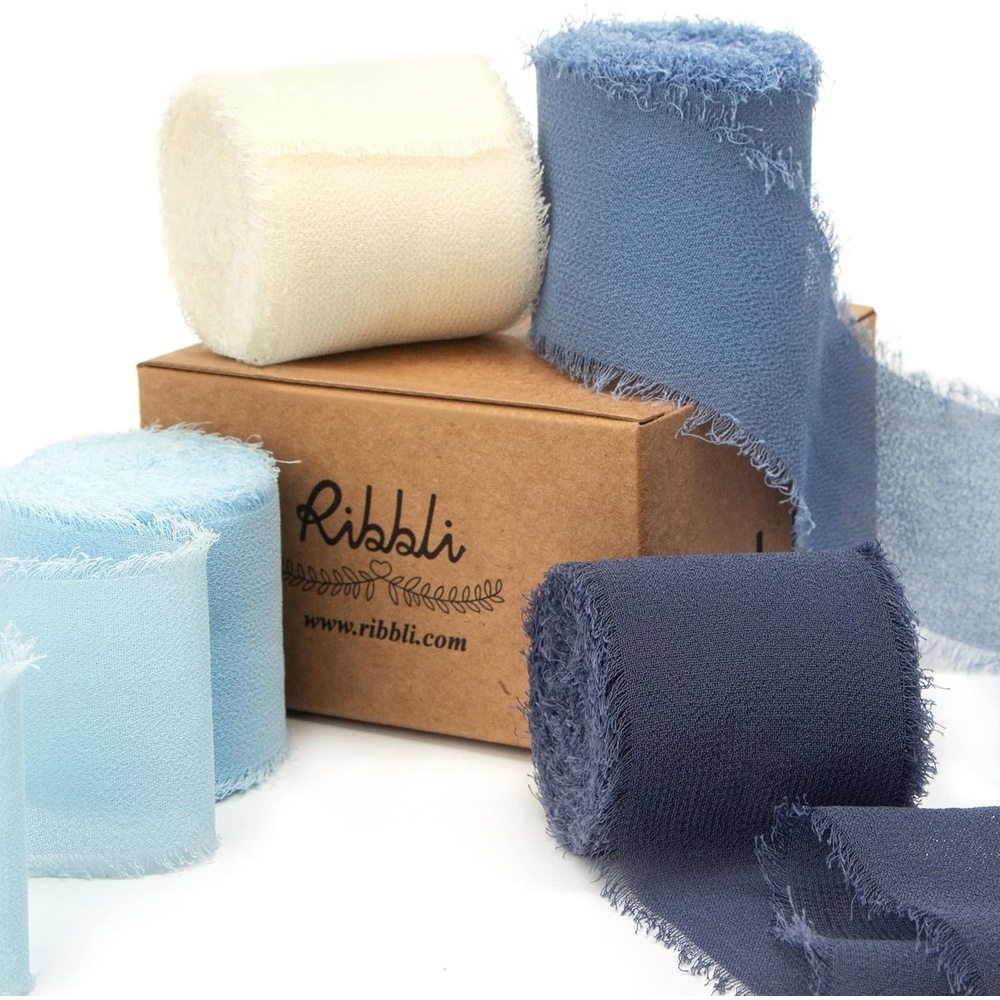 Ribbli Chiffon Ribbon Set, Handmade Fringe Silk, 1.5 in x 5 Yd Rolls, Nude/Beige/White Ribbon for Wedding Invitations & Bouquets(Ivory/Pastel/Dusty Blue/Dark Blue)