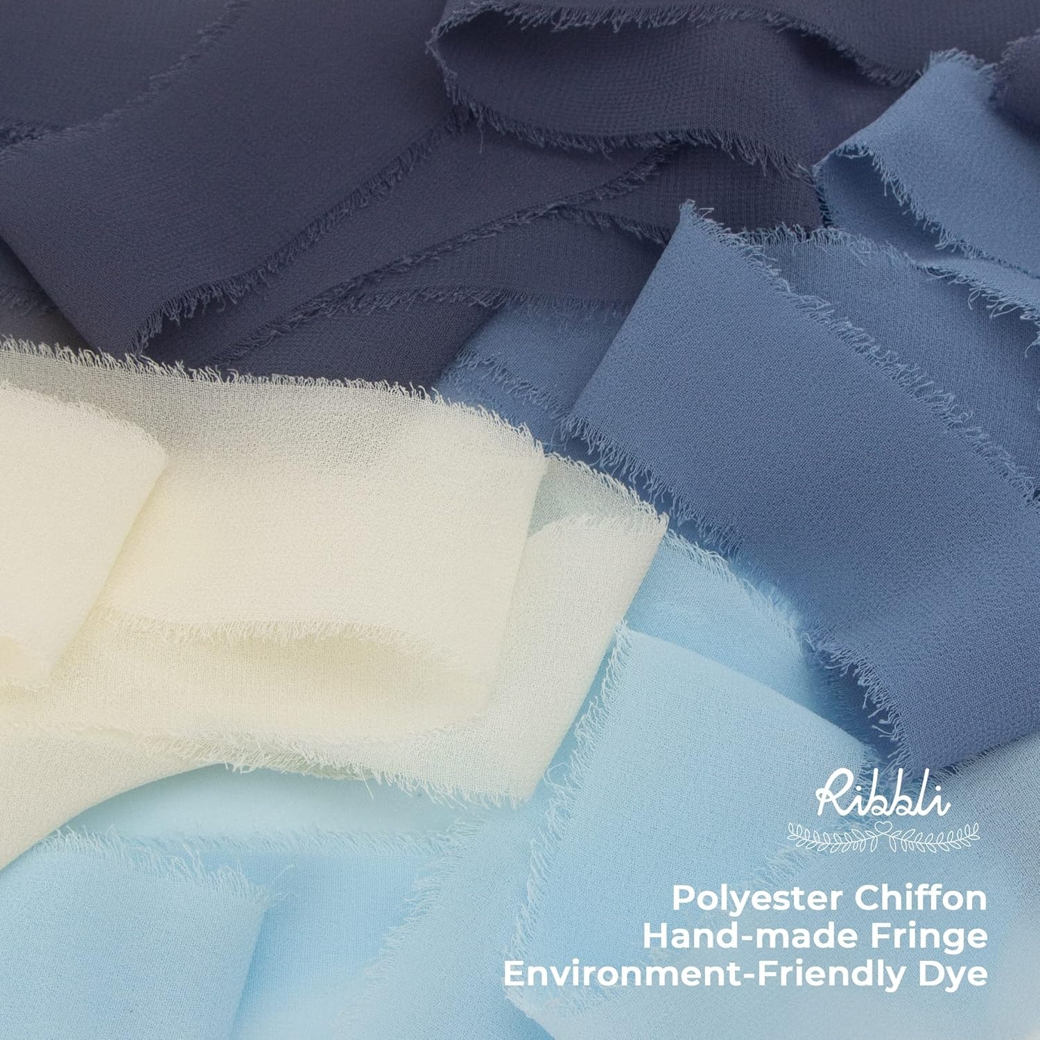 Ribbli Chiffon Ribbon Set, Handmade Fringe Silk, 1.5 in x 5 Yd Rolls, Nude/Beige/White Ribbon for Wedding Invitations & Bouquets(Ivory/Pastel/Dusty Blue/Dark Blue)