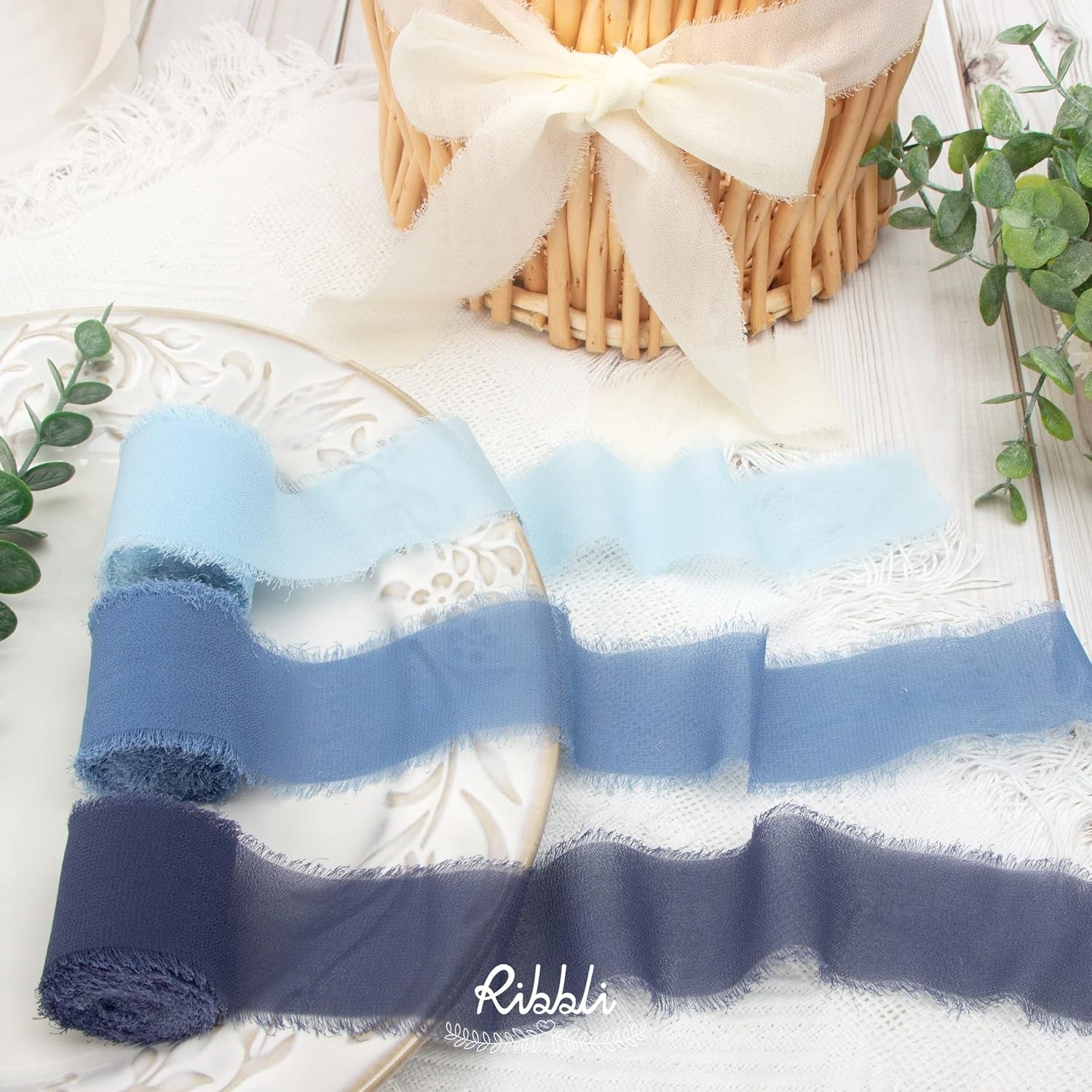 Ribbli Chiffon Ribbon Set, Handmade Fringe Silk, 1.5 in x 5 Yd Rolls, Nude/Beige/White Ribbon for Wedding Invitations & Bouquets(Ivory/Pastel/Dusty Blue/Dark Blue)