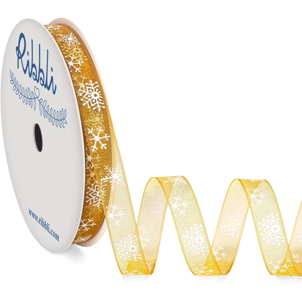 Ribbli Snowflake Gold Sheer Organza Ribbon,3/8 Inches x Continuous 25 Yard Christmas Ribbon for Crafts,Gift Wrapping,Christmas Tree Decoration(Gold)
