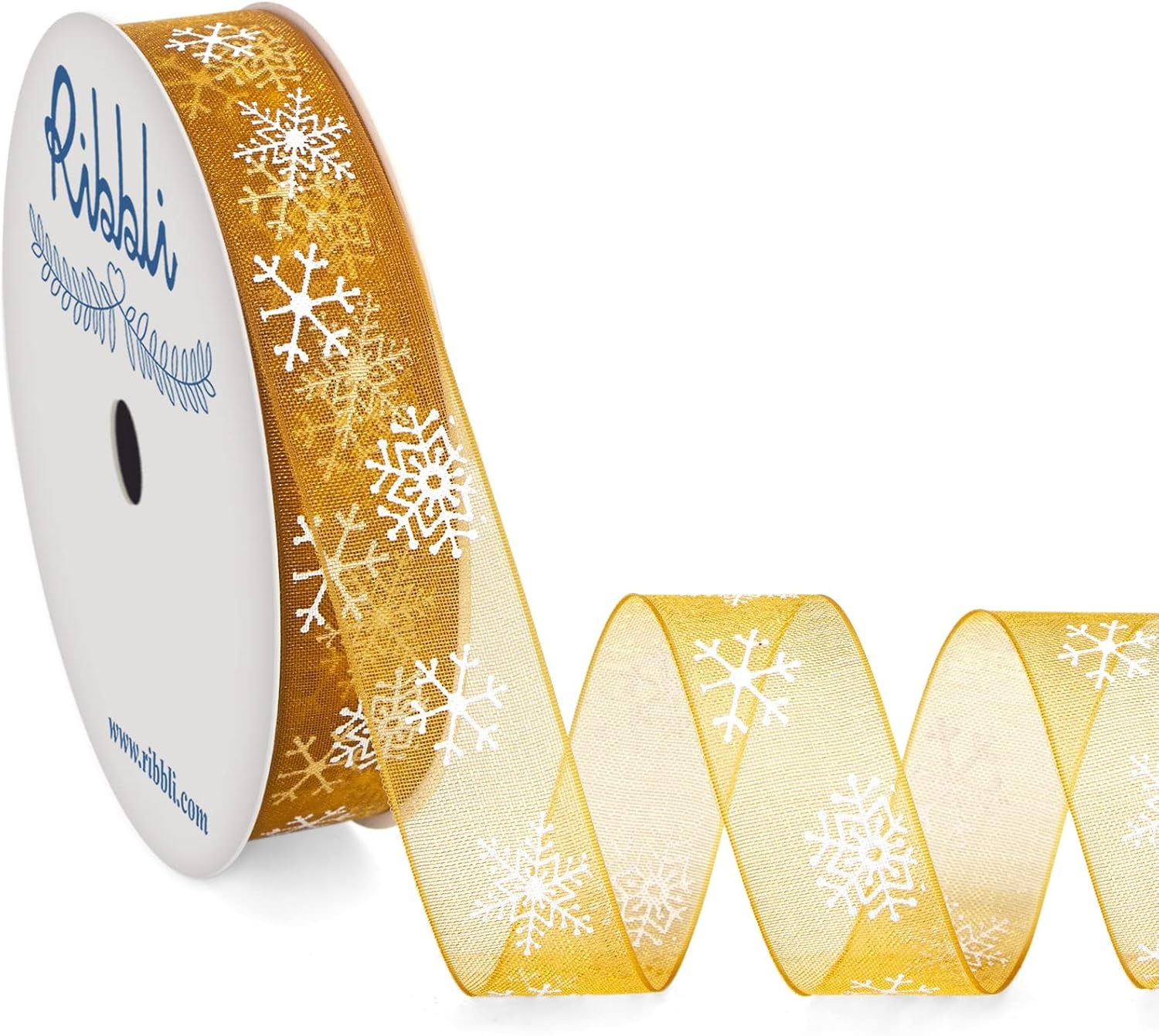 Ribbli Snowflake Gold Sheer Organza Ribbon,3/8 Inches x Continuous 25 Yard Christmas Ribbon for Crafts,Gift Wrapping,Christmas Tree Decoration(Gold)