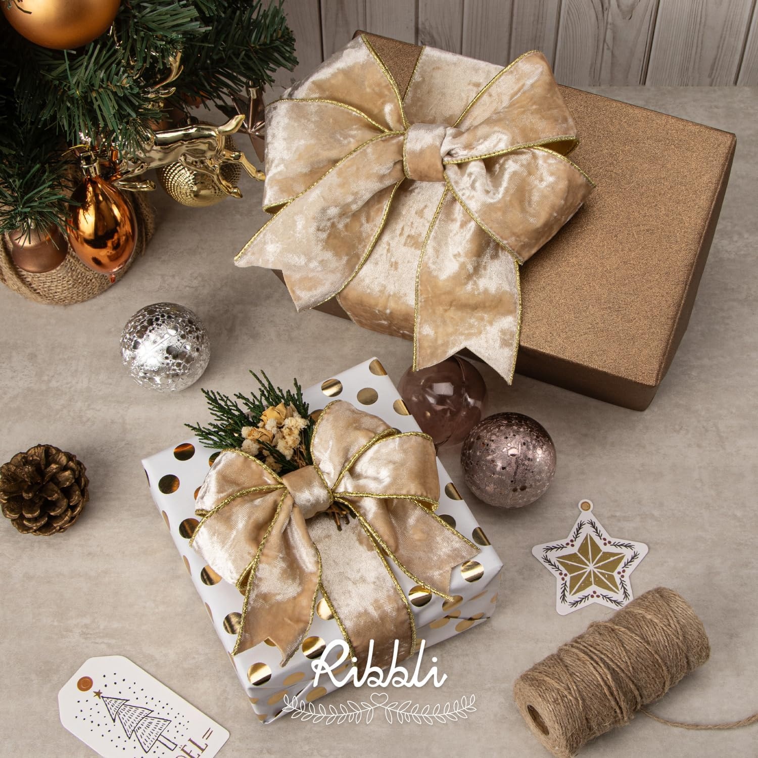 Ribbli Black Velvet Wired Ribbon 2.5 Inch Metallic Black Gold Crushed Velvet Christmas Ribbon for Gift Wrapping Christmas Tree Decoration Crafts Wreaths Supplies-Continuous 10 Yards(Champagne)