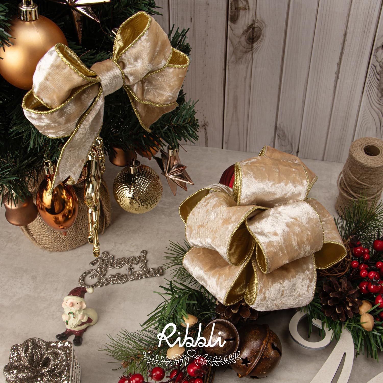 Ribbli Black Velvet Wired Ribbon 2.5 Inch Metallic Black Gold Crushed Velvet Christmas Ribbon for Gift Wrapping Christmas Tree Decoration Crafts Wreaths Supplies-Continuous 10 Yards(Champagne)