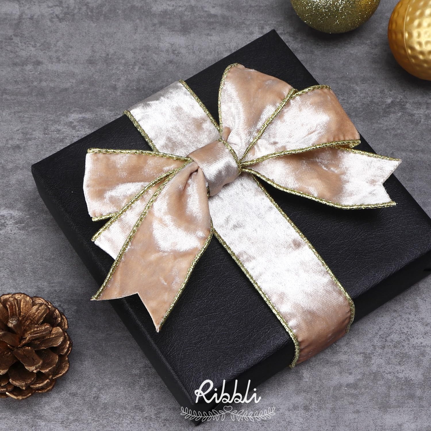 Ribbli Black Velvet Wired Ribbon 2.5 Inch Metallic Black Gold Crushed Velvet Christmas Ribbon for Gift Wrapping Christmas Tree Decoration Crafts Wreaths Supplies-Continuous 10 Yards(Champagne)