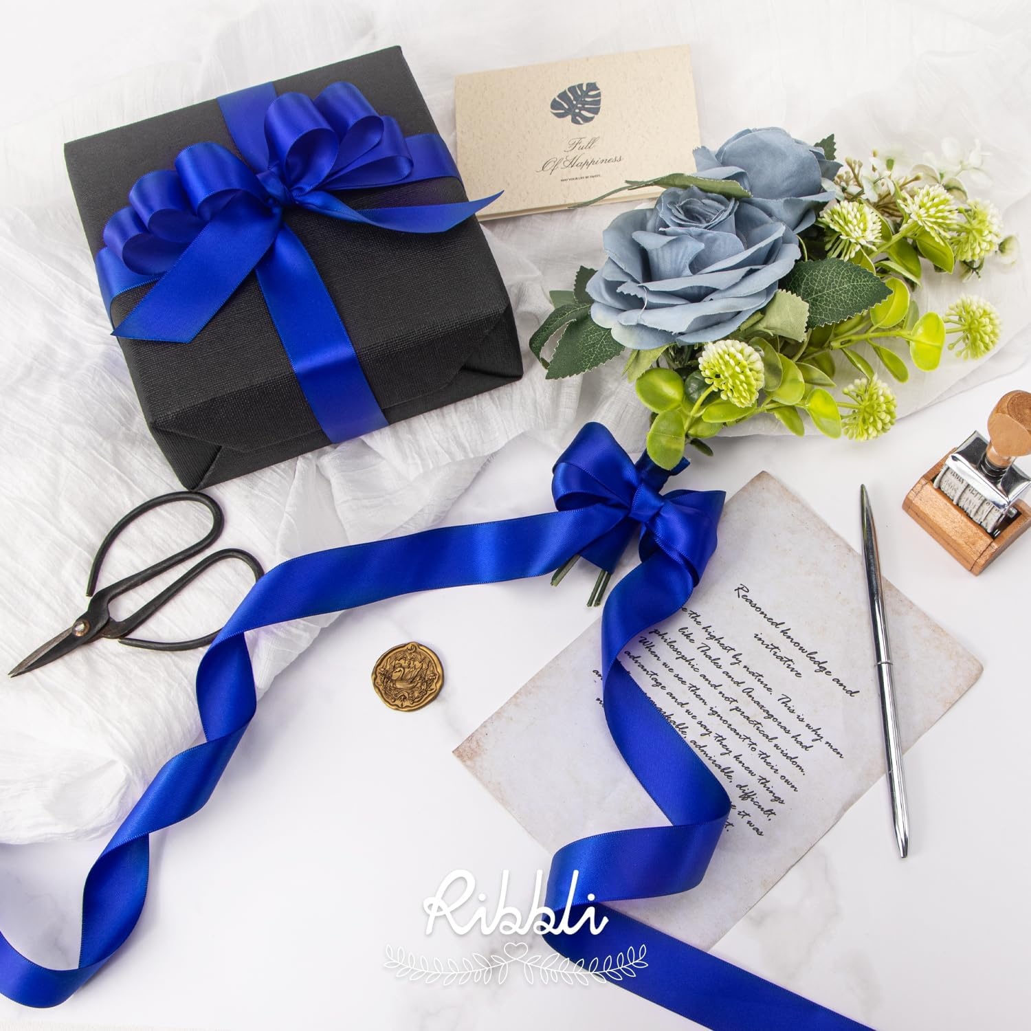 Ribbli Dusty Blue Satin Ribbon Double Faced Satin 1-1/2 Inch x Continuous 50 Yards-Blue Ribbon for Gift Wrapping Crafts Wedding Decoration Bows Bouquet Floral Arrangement(Blue Cobalt)
