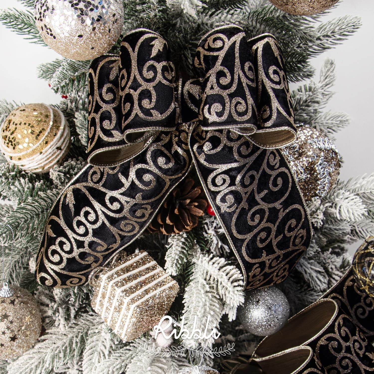 Ribbli Black Velvet Ribbon Wired with Glitter Swirl 4 Inch Christmas Ribbon for Christmas Tree Decoration Big Bow Gift Wrapping Crafts Wreaths Supplies – 10 Yards(Black)