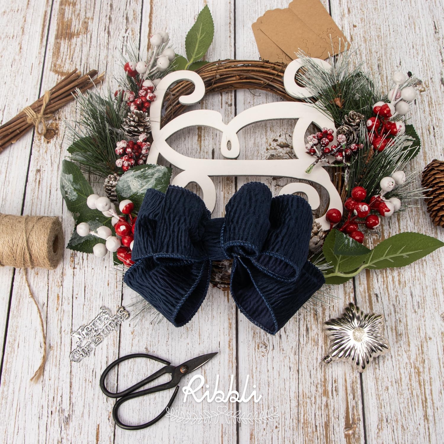 Ribbli Dark Green Crinkled Velvet Wired Ribbon 2.5 Inch Velvet Christmas Ribbon for Gift Wrapping Christmas Tree Decoration Crafts Wreaths Supplies-Continuous 10 Yards(Navy)