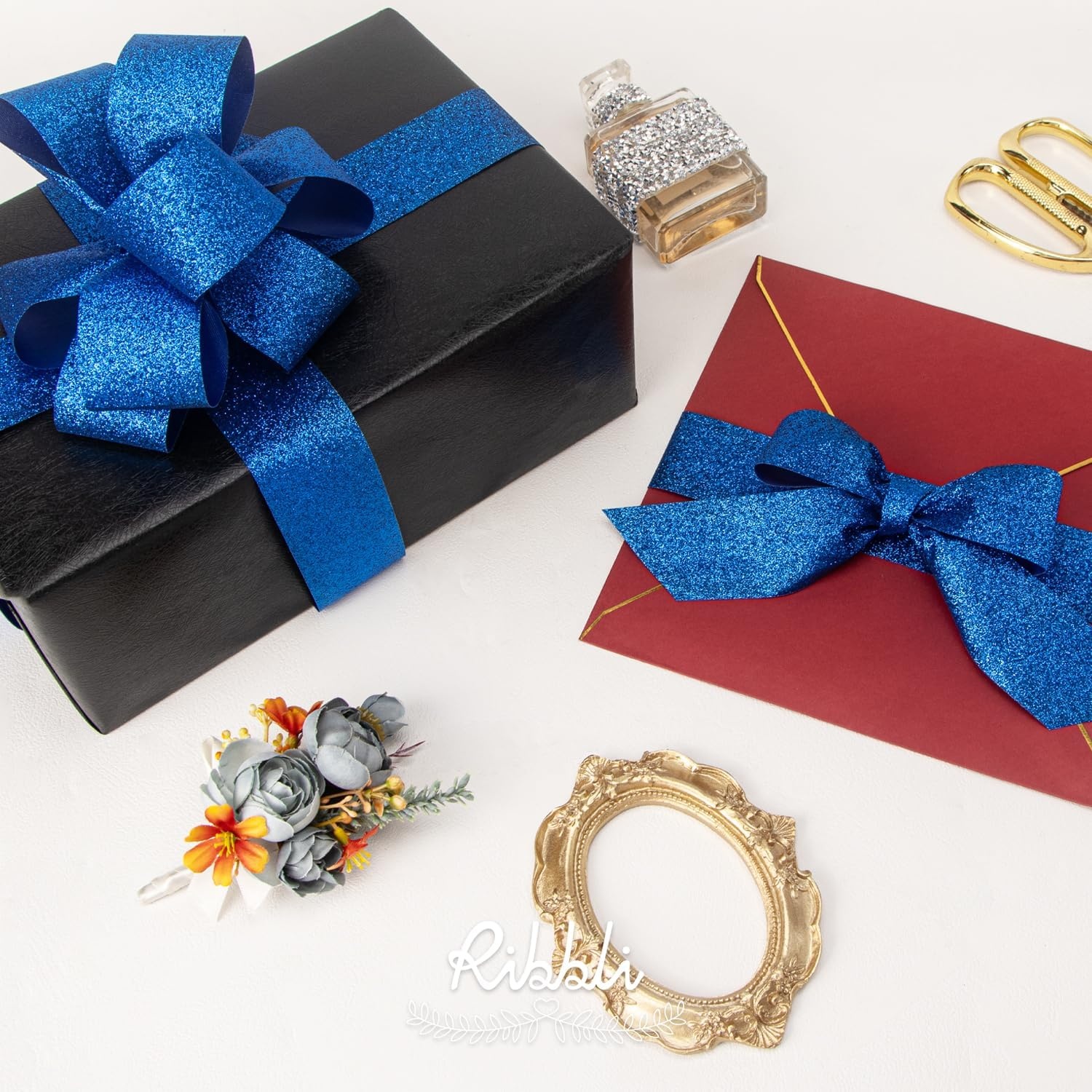 Ribbli Royal Blue Glitter Ribbon,Gift Wrapping Cut Edge Christmas Ribbon for Crafts, Chritmas Tree Decoration,Ornaments Decoration,Home Decor, 3/8 Inch x 25 Yards(Royal Blue)