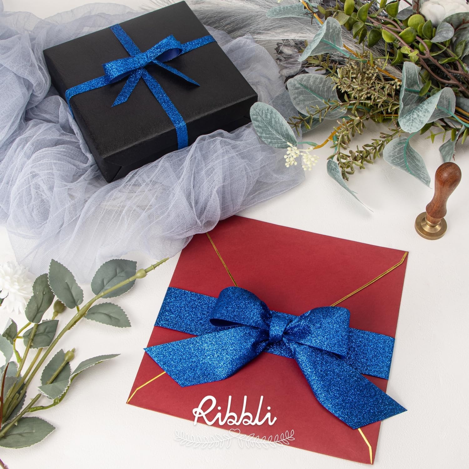 Ribbli Royal Blue Glitter Ribbon,Gift Wrapping Cut Edge Christmas Ribbon for Crafts, Chritmas Tree Decoration,Ornaments Decoration,Home Decor, 3/8 Inch x 25 Yards(Royal Blue)