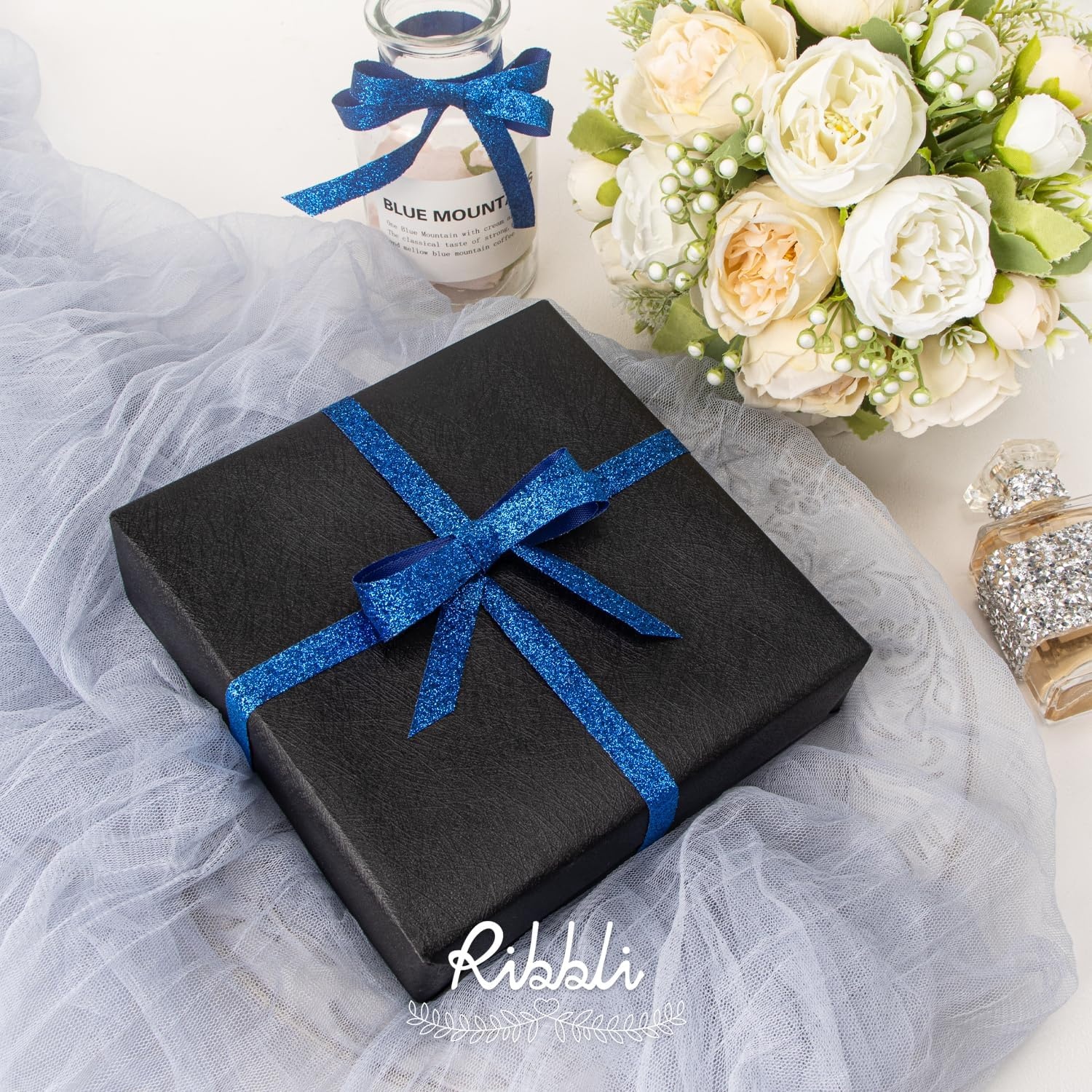 Ribbli Royal Blue Glitter Ribbon,Gift Wrapping Cut Edge Christmas Ribbon for Crafts, Chritmas Tree Decoration,Ornaments Decoration,Home Decor, 3/8 Inch x 25 Yards(Royal Blue)