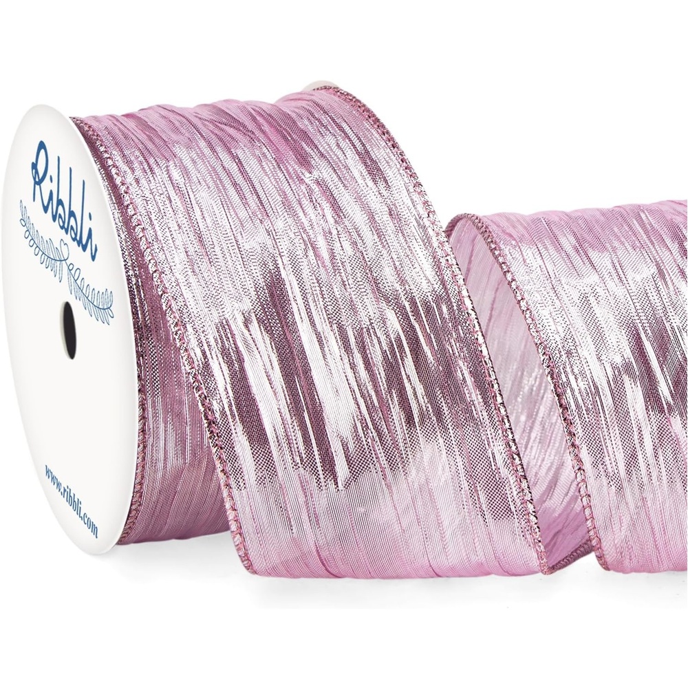 Ribbli Champagne Pink Crinkled Wired Ribbon with Metallic Edge, Pink Christmas Ribbon for Garland, Wreaths,Topper Bow,Swags, Christmas Tree Decoration 2-1/2 Inch x 10 Yard(Champagne Pink)
