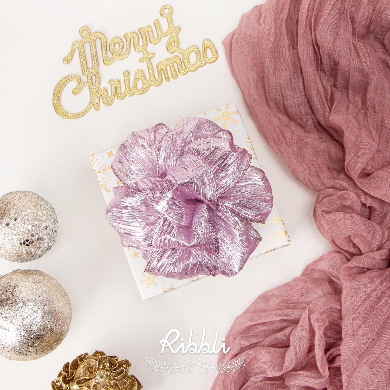 Ribbli Champagne Pink Crinkled Wired Ribbon with Metallic Edge, Pink Christmas Ribbon for Garland, Wreaths,Topper Bow,Swags, Christmas Tree Decoration 2-1/2 Inch x 10 Yard(Champagne Pink)