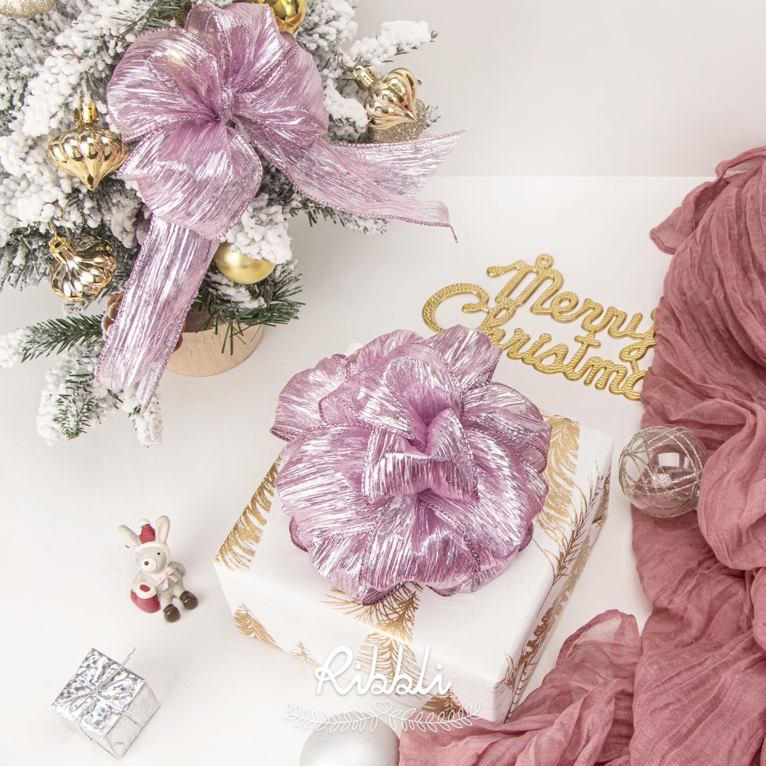 Ribbli Champagne Pink Crinkled Wired Ribbon with Metallic Edge, Pink Christmas Ribbon for Garland, Wreaths,Topper Bow,Swags, Christmas Tree Decoration 2-1/2 Inch x 10 Yard(Champagne Pink)