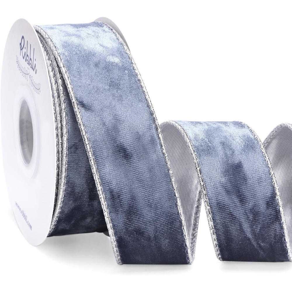 Ribbli Black Velvet Wired Ribbon 2.5 Inch Metallic Black Gold Crushed Velvet Christmas Ribbon for Gift Wrapping Christmas Tree Decoration Crafts Wreaths Supplies-Continuous 10 Yards(Dusty Blue)