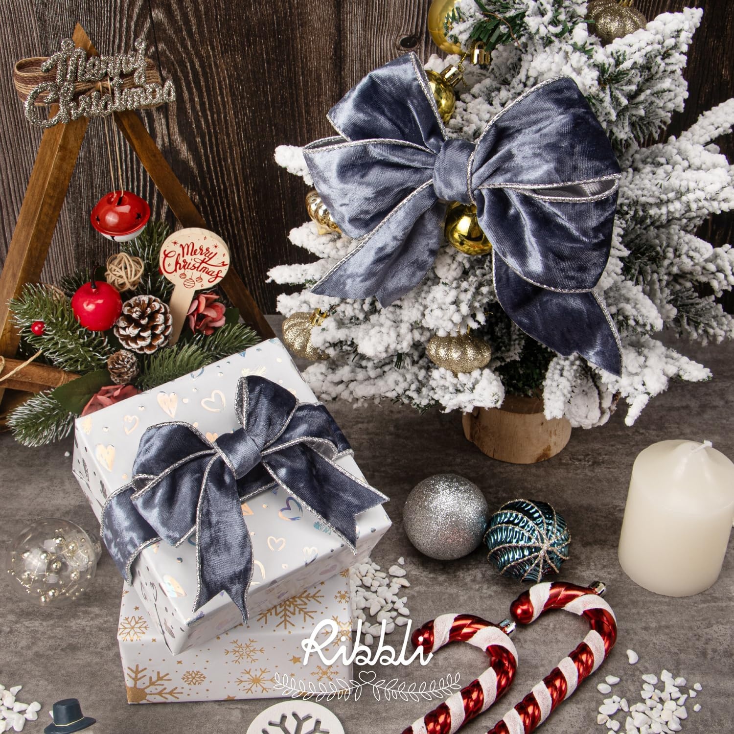 Ribbli Black Velvet Wired Ribbon 2.5 Inch Metallic Black Gold Crushed Velvet Christmas Ribbon for Gift Wrapping Christmas Tree Decoration Crafts Wreaths Supplies-Continuous 10 Yards(Dusty Blue)