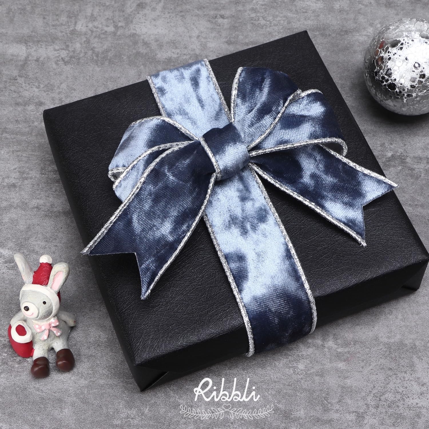 Ribbli Black Velvet Wired Ribbon 2.5 Inch Metallic Black Gold Crushed Velvet Christmas Ribbon for Gift Wrapping Christmas Tree Decoration Crafts Wreaths Supplies-Continuous 10 Yards(Dusty Blue)