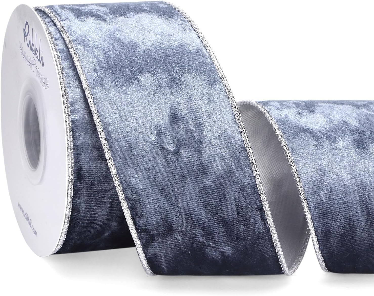 Ribbli Black Velvet Wired Ribbon 2.5 Inch Metallic Black Gold Crushed Velvet Christmas Ribbon for Gift Wrapping Christmas Tree Decoration Crafts Wreaths Supplies-Continuous 10 Yards(Dusty Blue)