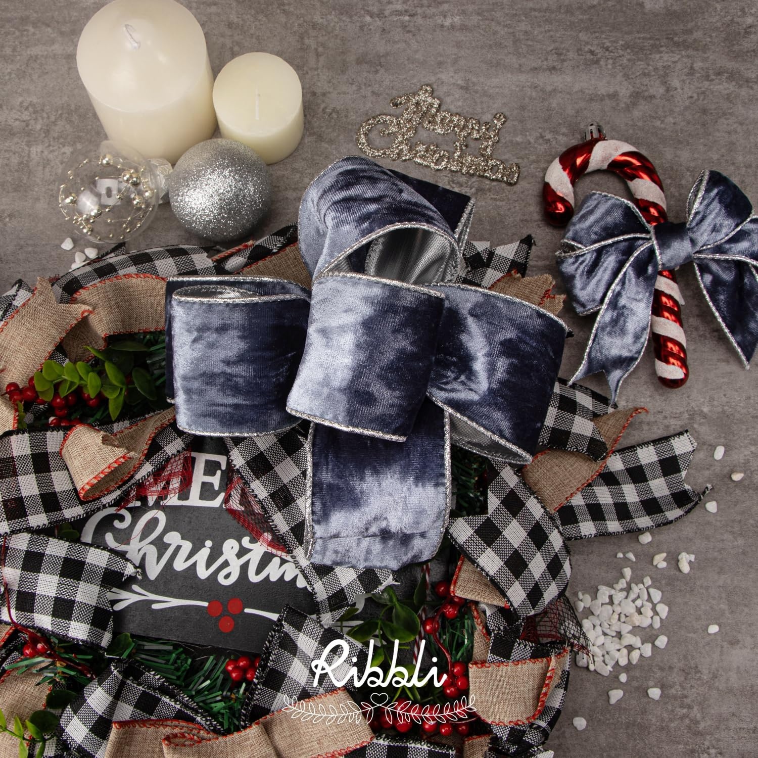 Ribbli Black Velvet Wired Ribbon 2.5 Inch Metallic Black Gold Crushed Velvet Christmas Ribbon for Gift Wrapping Christmas Tree Decoration Crafts Wreaths Supplies-Continuous 10 Yards(Dusty Blue)
