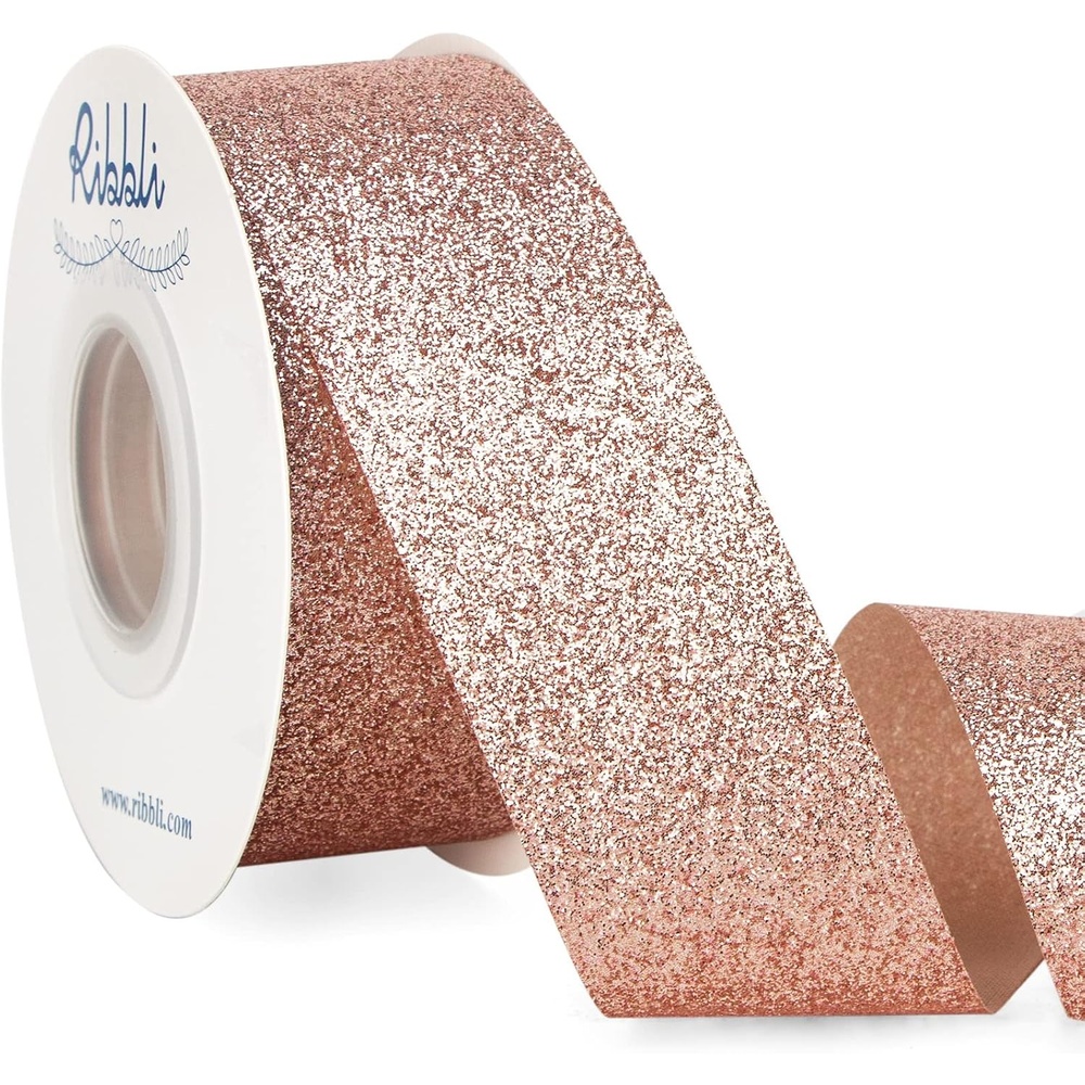 Ribbli Royal Blue Glitter Ribbon,Gift Wrapping Cut Edge Christmas Ribbon for Crafts, Chritmas Tree Decoration,Ornaments Decoration,Home Decor, 3/8 Inch x 25 Yards(Rose Gold)