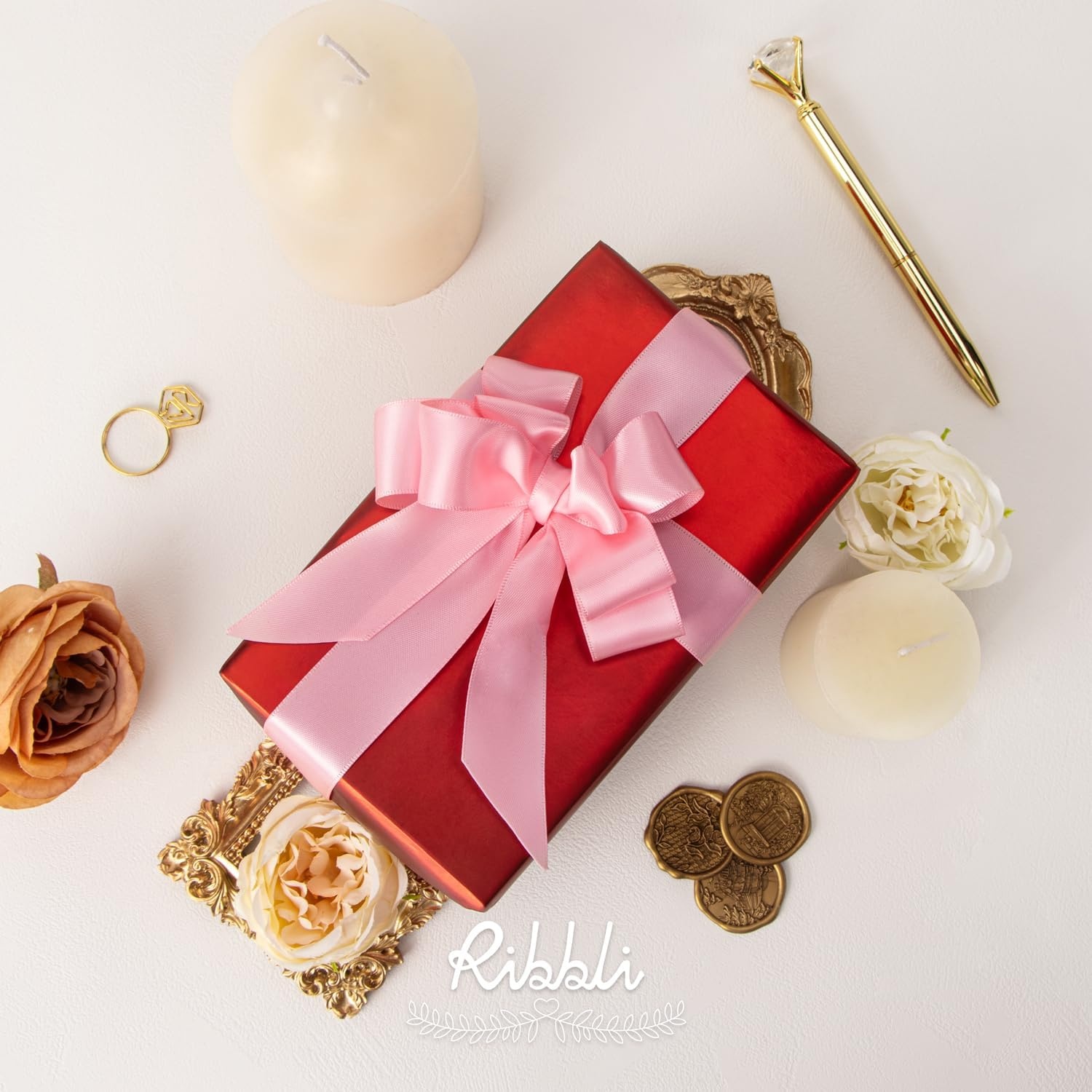 Ribbli Double Faced Rose Gold Satin Ribbon,3/8 x Continuous 25 Yards,Use for Bows Bouquet,Gift Wrapping,Floral Arrangement(Pink)