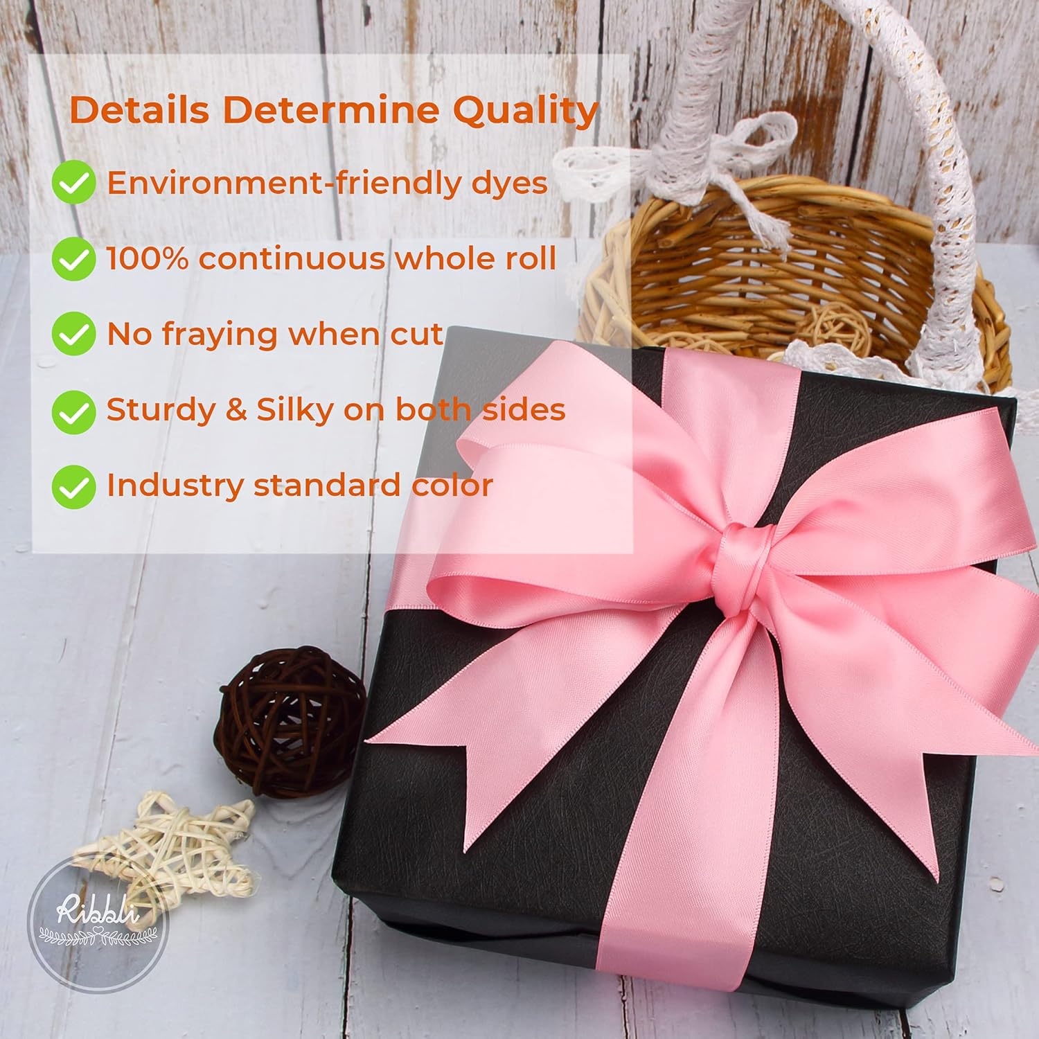Ribbli Double Faced Rose Gold Satin Ribbon,3/8 x Continuous 25 Yards,Use for Bows Bouquet,Gift Wrapping,Floral Arrangement(Pink)