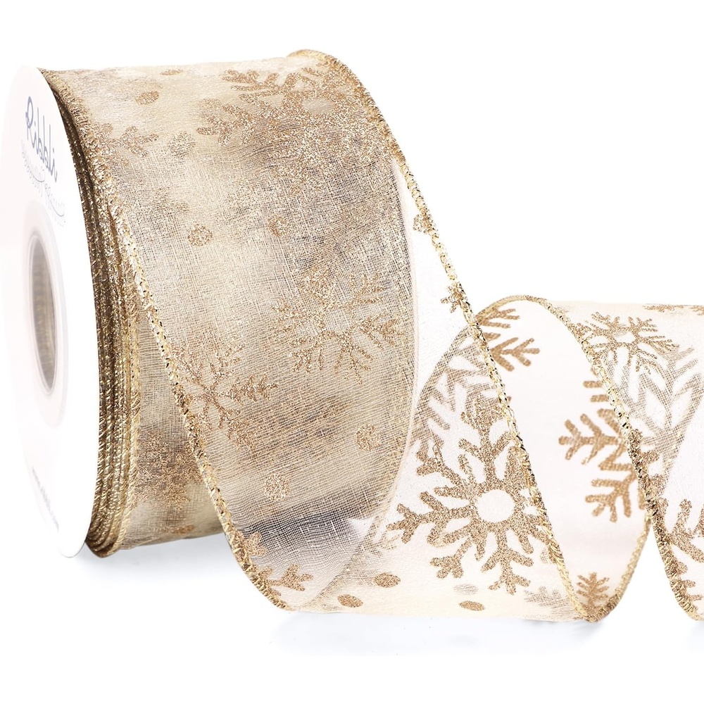 Ribbli Christmas Snowflake Glitter Wired Organza Sheer Ribbon, 2-1/2 Inch x 20 Yards Champagne with Gold Glitter Snowflake Pattern for Tree Decoration(Light Champagne)