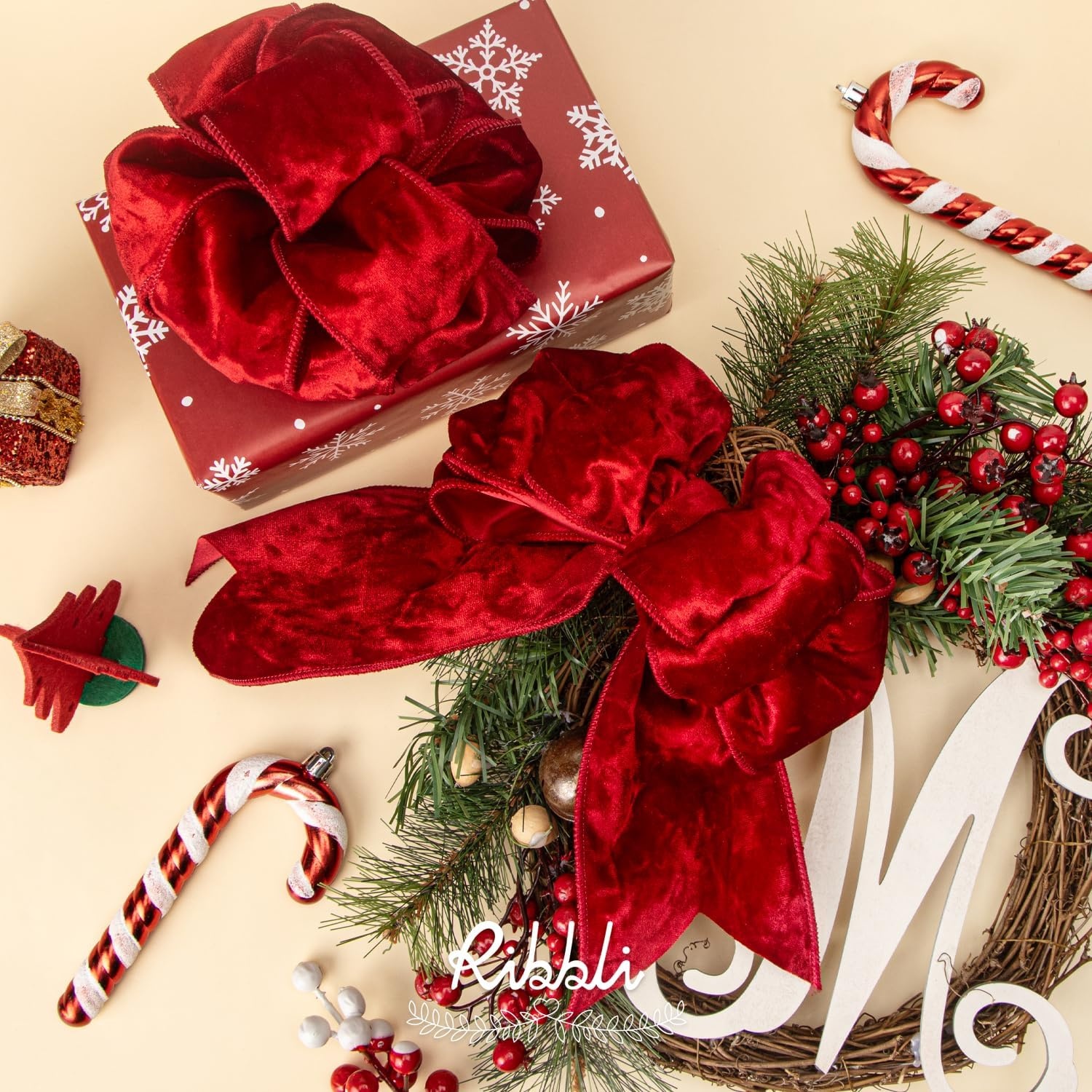 Ribbli Royal Blue Velvet Wired Ribbon 4 Inch Crushed Velvet Christmas Ribbon for Gift Wrapping Christmas Tree Decoration Crafts Wreaths Supplies-Continuous 10 Yards(Red)