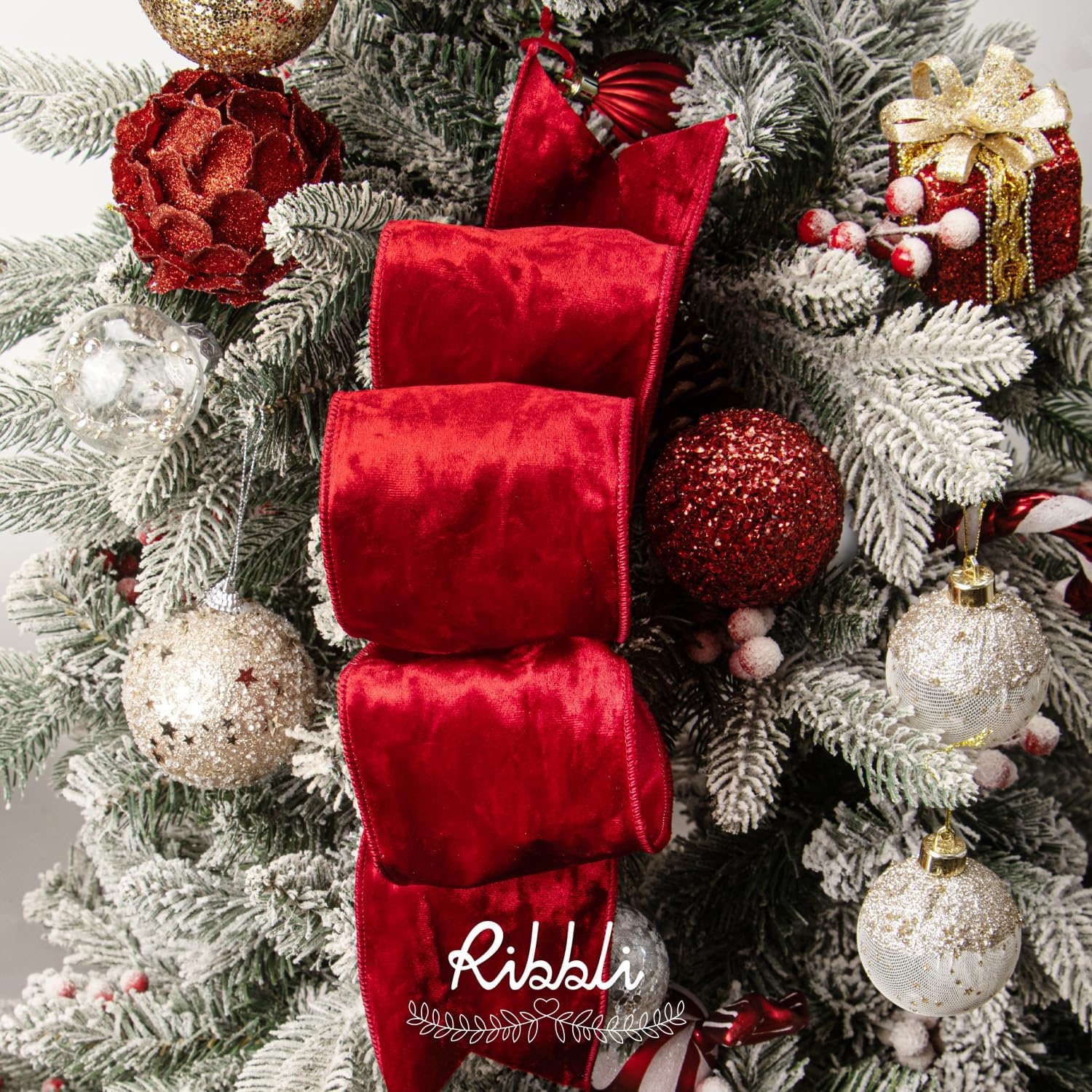 Ribbli Royal Blue Velvet Wired Ribbon 4 Inch Crushed Velvet Christmas Ribbon for Gift Wrapping Christmas Tree Decoration Crafts Wreaths Supplies-Continuous 10 Yards(Red)