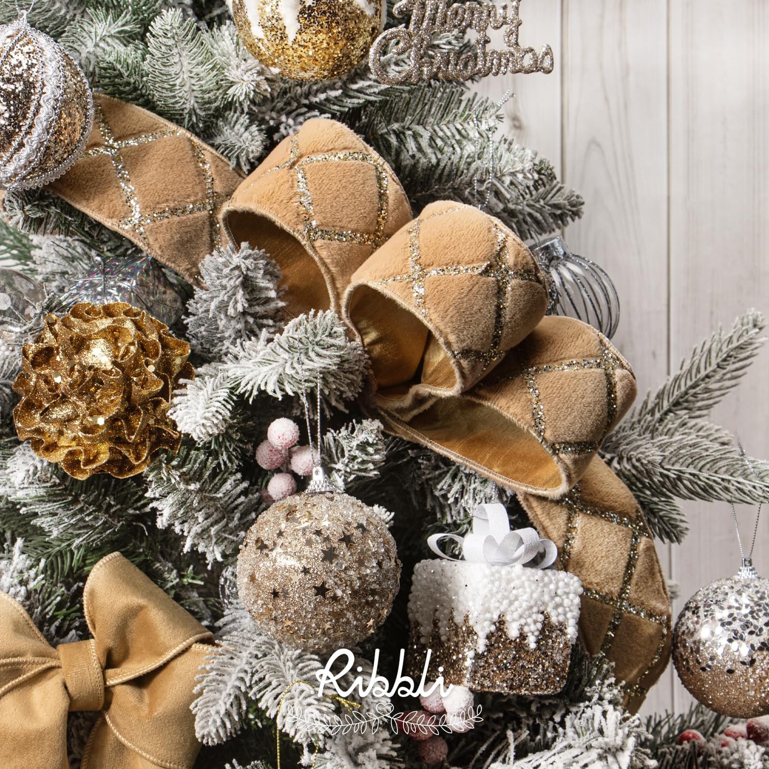 Ribbli White Fluffy Velvet Wired Ribbon with Champagne Gold Foil 4 Inch Christmas Ribbon for Gift Wrapping Topper Bow Christmas Tree Decoration Crafts Wreaths Supplies-Continuous 10 Yards(Khaki)