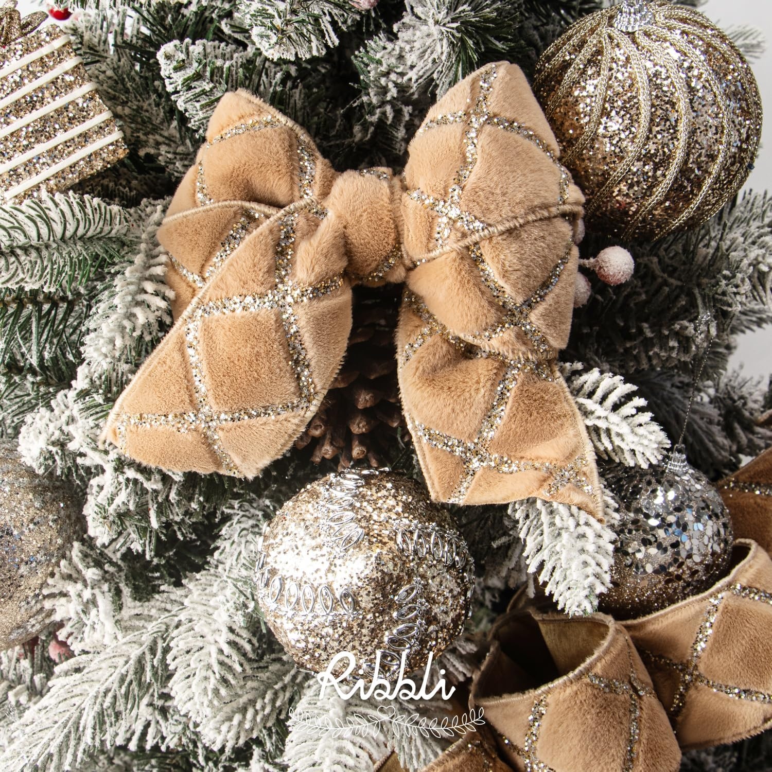 Ribbli White Fluffy Velvet Wired Ribbon with Champagne Gold Foil 4 Inch Christmas Ribbon for Gift Wrapping Topper Bow Christmas Tree Decoration Crafts Wreaths Supplies-Continuous 10 Yards(Khaki)