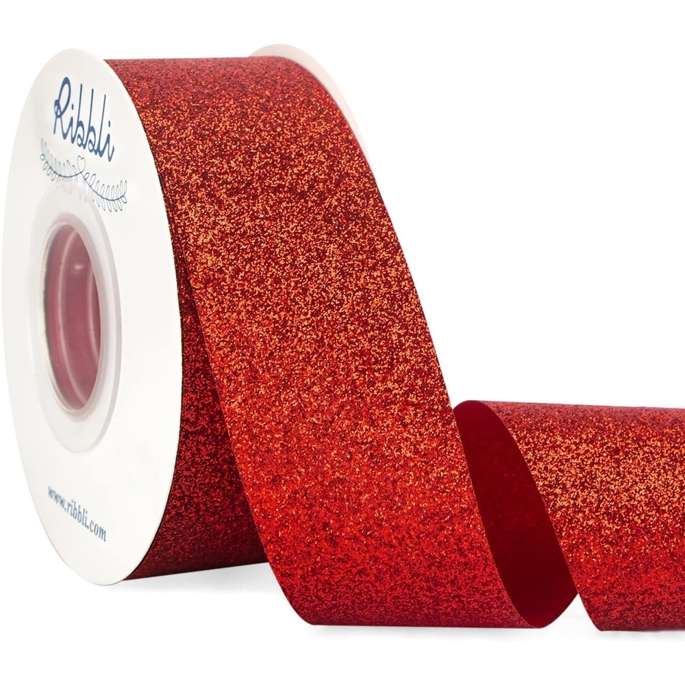 Ribbli Royal Blue Glitter Ribbon,Gift Wrapping Cut Edge Christmas Ribbon for Crafts, Chritmas Tree Decoration,Ornaments Decoration,Home Decor, 3/8 Inch x 25 Yards(Red)