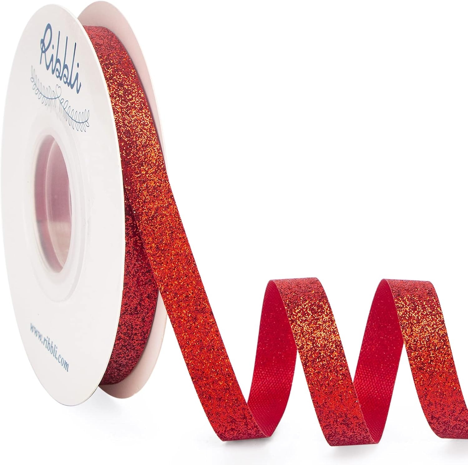 Ribbli Royal Blue Glitter Ribbon,Gift Wrapping Cut Edge Christmas Ribbon for Crafts, Chritmas Tree Decoration,Ornaments Decoration,Home Decor, 3/8 Inch x 25 Yards(Red)