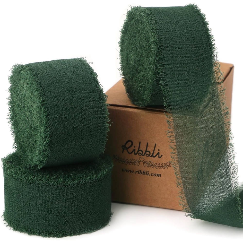 Ribbli Creamy Sage Ribbon 1 Inch x 3 Rolls Total 24 Yards Light Green Handmade Fringe Chiffon Silk Ribbon for Wrapping Wedding Invitations Bridal Bouquets DIY Crafts Home Decor(Forest Green)
