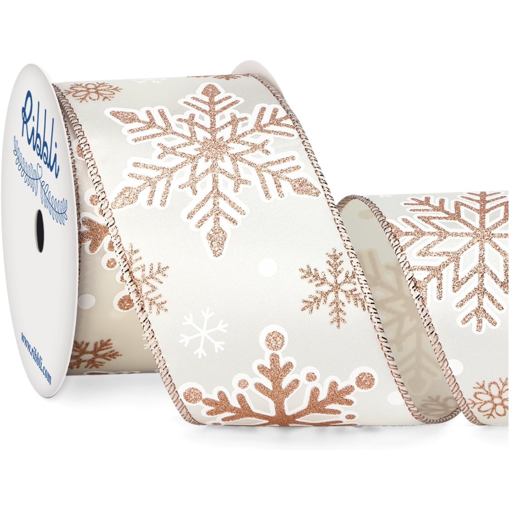 Ribbli Gold Snowflake Wired Ribbon,Ivory Satin with Big Glitter Snowflake Christmas Ribbon for Wreath ChritmasTree Decoration Gift Wrapping Home Decor, 2-1/2 Inch x 10 Yards(Rose Gold)