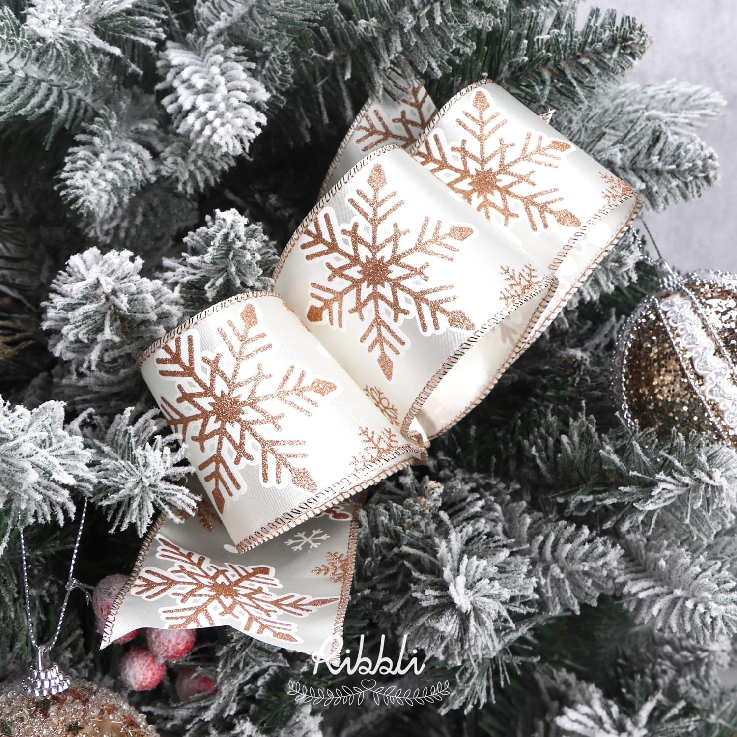 Ribbli Gold Snowflake Wired Ribbon,Ivory Satin with Big Glitter Snowflake Christmas Ribbon for Wreath ChritmasTree Decoration Gift Wrapping Home Decor, 2-1/2 Inch x 10 Yards(Rose Gold)