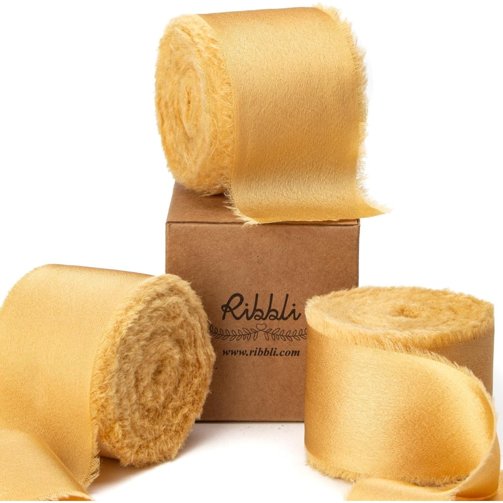 Ribbli Terracotta Silk Satin Ribbon 1.5 Inch x 30 Yard Handmade Frayed Chiffon Burnt Orange Ribbon for Gift Wrapping Wedding Invitations Bridal Bouquets Home Decor(Gold)