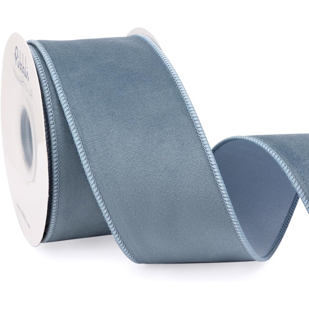 Ribbli Sage Green Velvet Wired Ribbon with Dupioni 4 Inch Christmas Ribbon for Gift Wrapping Christmas Tree Decoration Crafts Wreaths Supplies-Continuous 10 Yards(Dusty Blue)