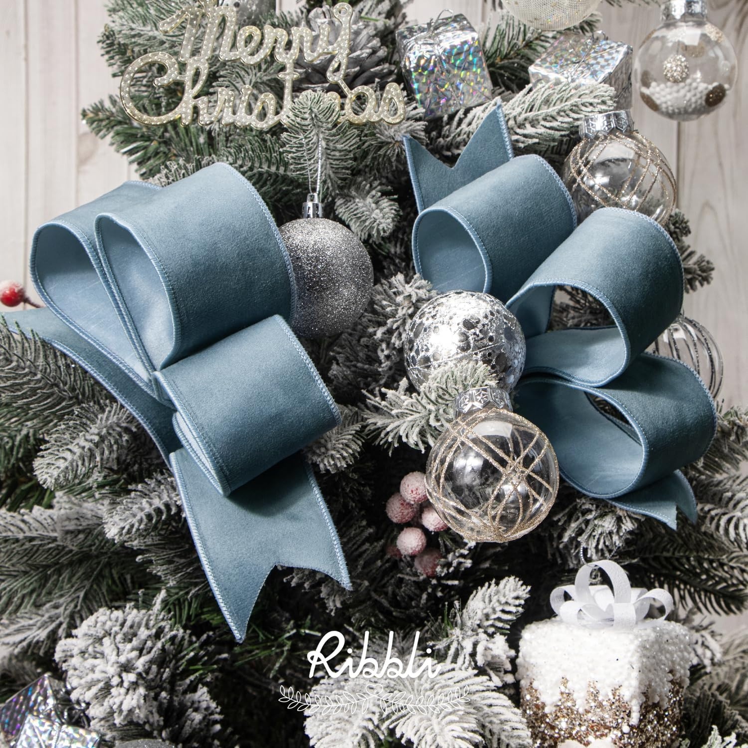 Ribbli Sage Green Velvet Wired Ribbon with Dupioni 4 Inch Christmas Ribbon for Gift Wrapping Christmas Tree Decoration Crafts Wreaths Supplies-Continuous 10 Yards(Dusty Blue)