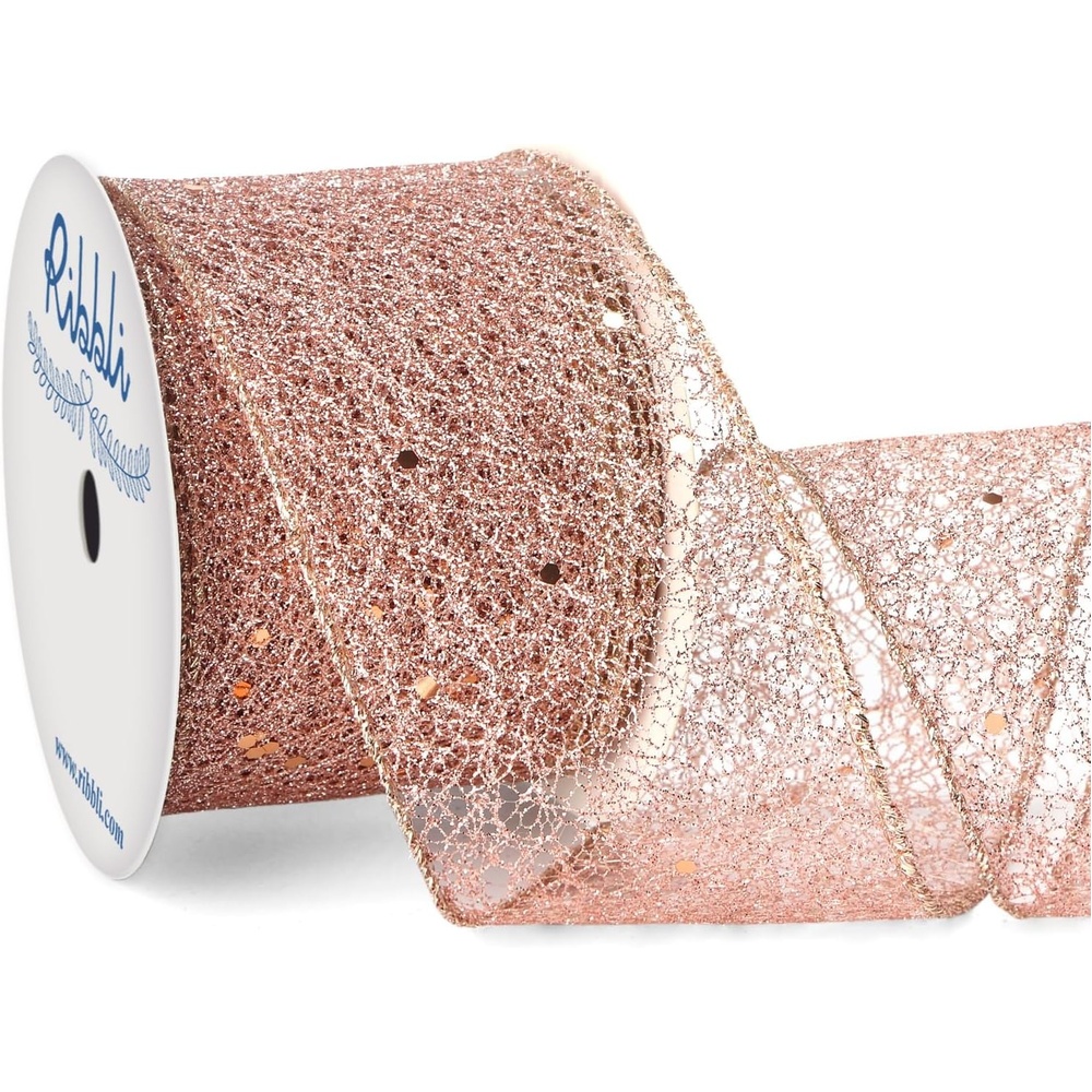 Ribbli Gold Glitter Wired Ribbon for Christmas Tree Fine Mesh Sparkling 2.5 Inch x 10 Yard Christmas Wired Ribbon for Gift Wrapping Crafts Wreath Supplies(Rose Gold)