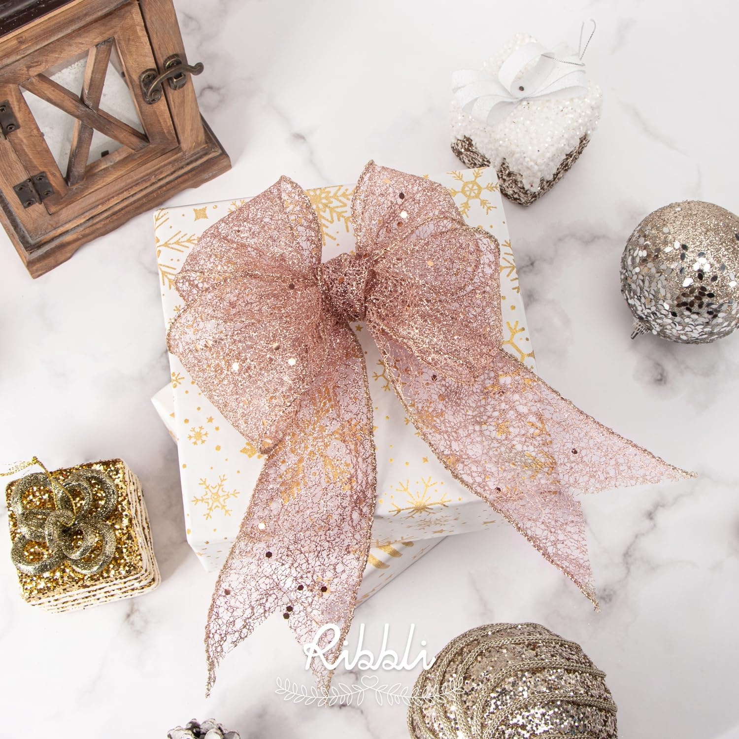 Ribbli Gold Glitter Wired Ribbon for Christmas Tree Fine Mesh Sparkling 2.5 Inch x 10 Yard Christmas Wired Ribbon for Gift Wrapping Crafts Wreath Supplies(Rose Gold)