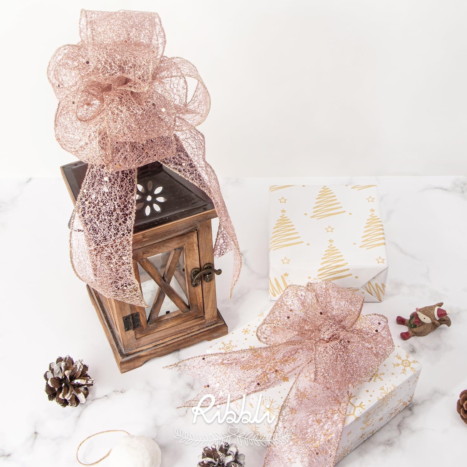 Ribbli Gold Glitter Wired Ribbon for Christmas Tree Fine Mesh Sparkling 2.5 Inch x 10 Yard Christmas Wired Ribbon for Gift Wrapping Crafts Wreath Supplies(Rose Gold)