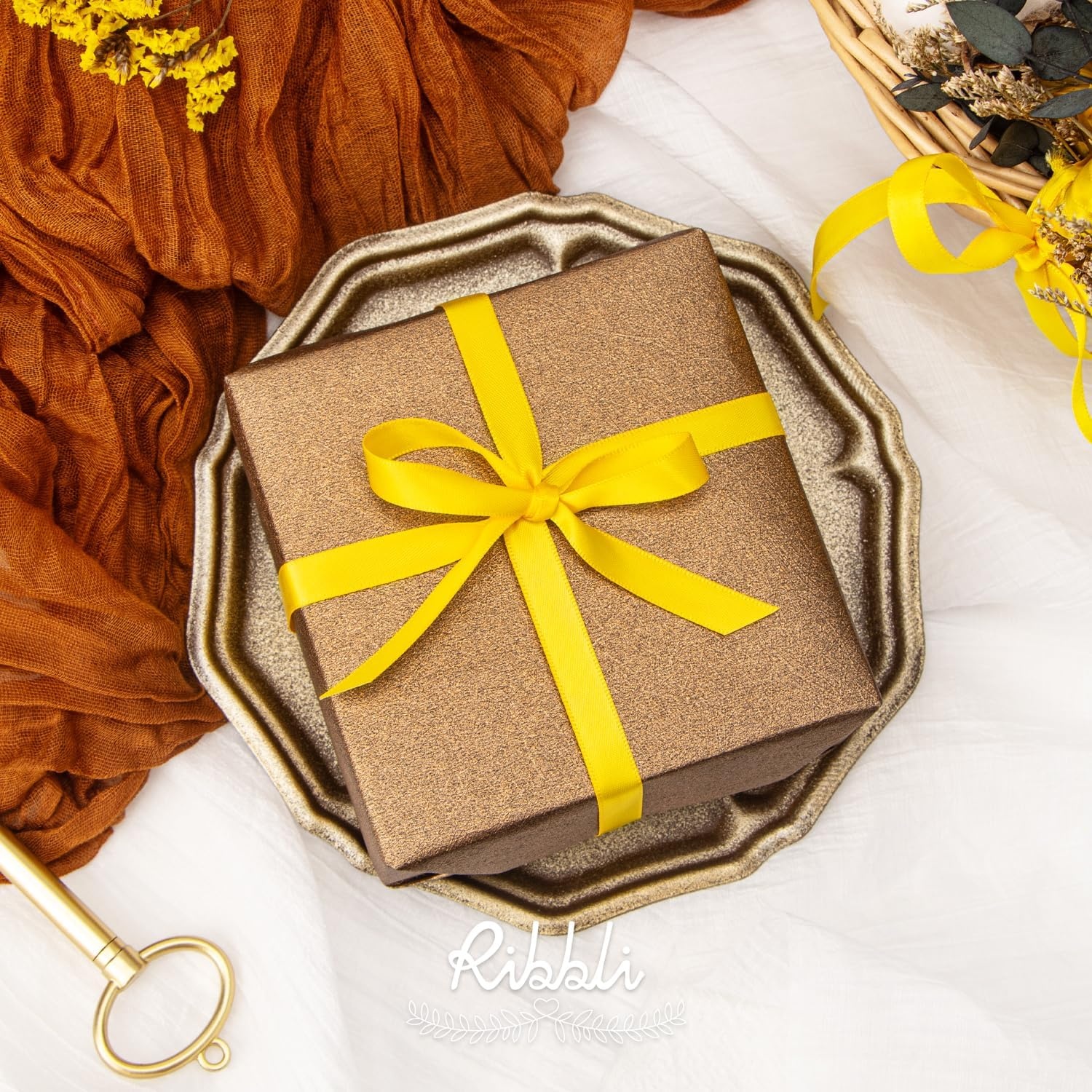 Ribbli Champagne Gold Satin Ribbon Double Faced Satin 3/8 Inch x Continuous 50 Yards-Champagne Ribbon for Gift Wrapping Crafts Wedding Decoration Bows Bouquet Floral Arrangement(Maize Yellow)