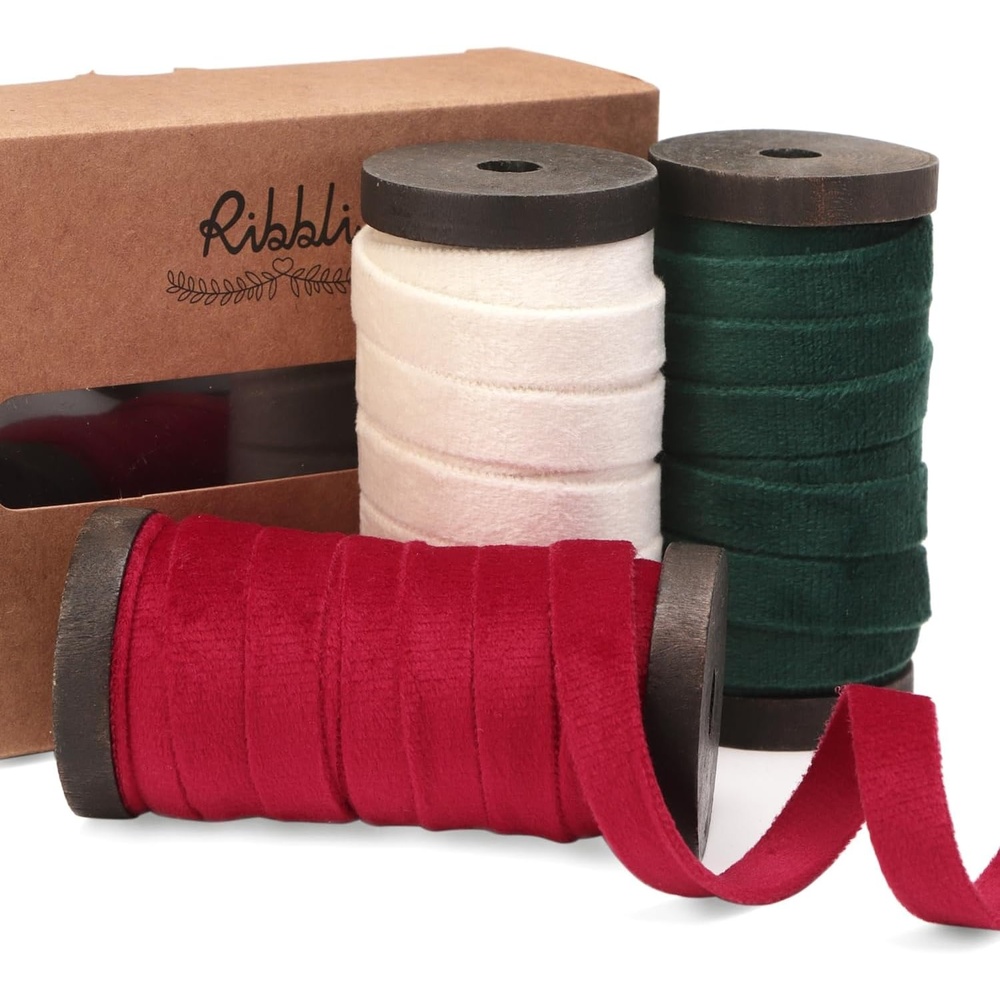 Ribbli Antique Gold Velvet Ribbon 3 Rolls Double Faced 3/8 Inch 18-Yard with Wooden Spool Use for Christmas Tree Ornaments Gift Wrapping Wreath Decoration Wedding Boutonnieres(Red/Cream/Green)