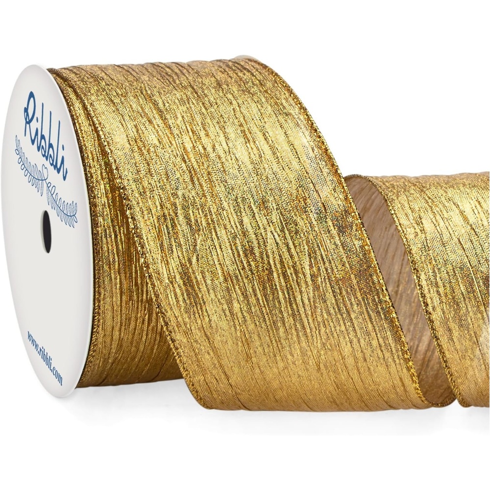 Ribbli Champagne Pink Crinkled Wired Ribbon with Metallic Edge, Pink Christmas Ribbon for Garland, Wreaths,Topper Bow,Swags, Christmas Tree Decoration 2-1/2 Inch x 10 Yard(Gold (Iridescent))