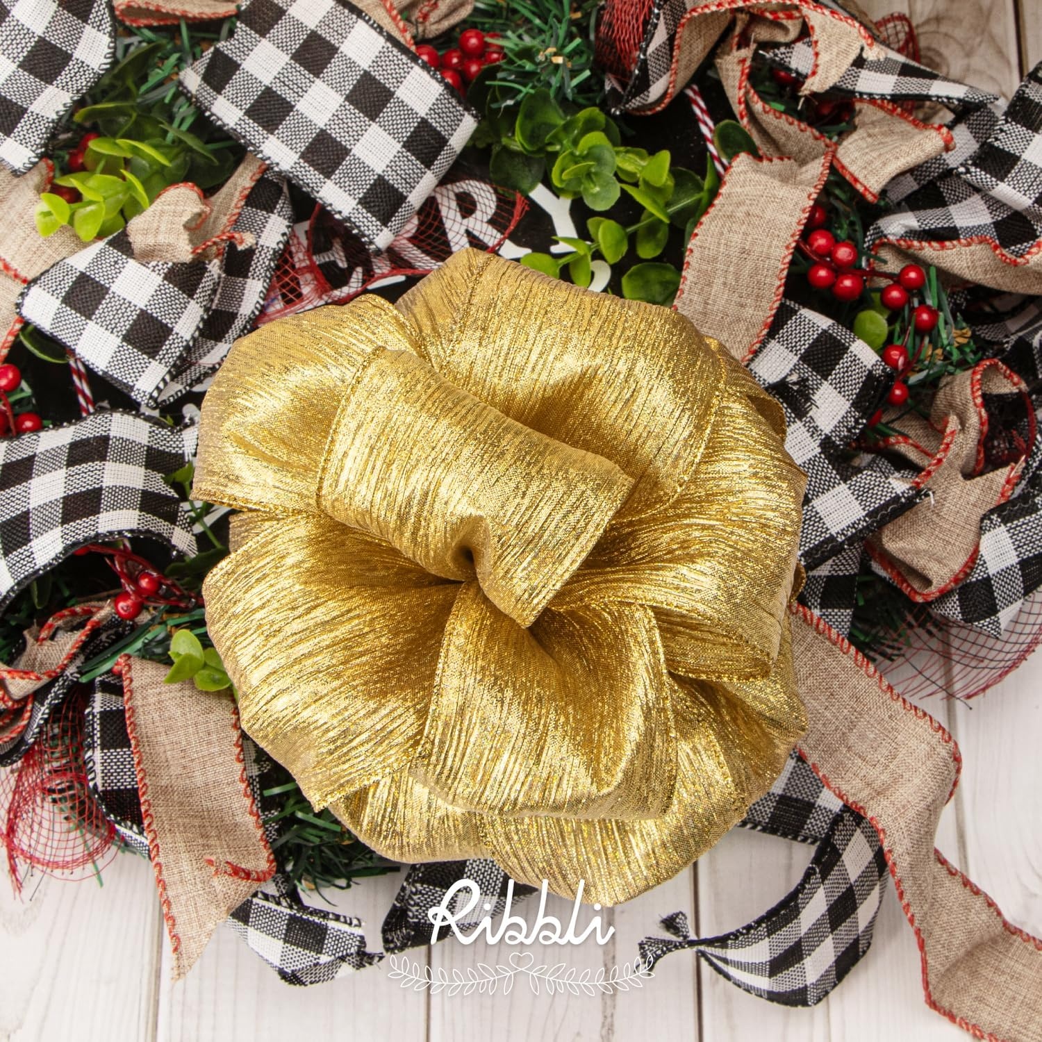 Ribbli Champagne Pink Crinkled Wired Ribbon with Metallic Edge, Pink Christmas Ribbon for Garland, Wreaths,Topper Bow,Swags, Christmas Tree Decoration 2-1/2 Inch x 10 Yard(Gold (Iridescent))