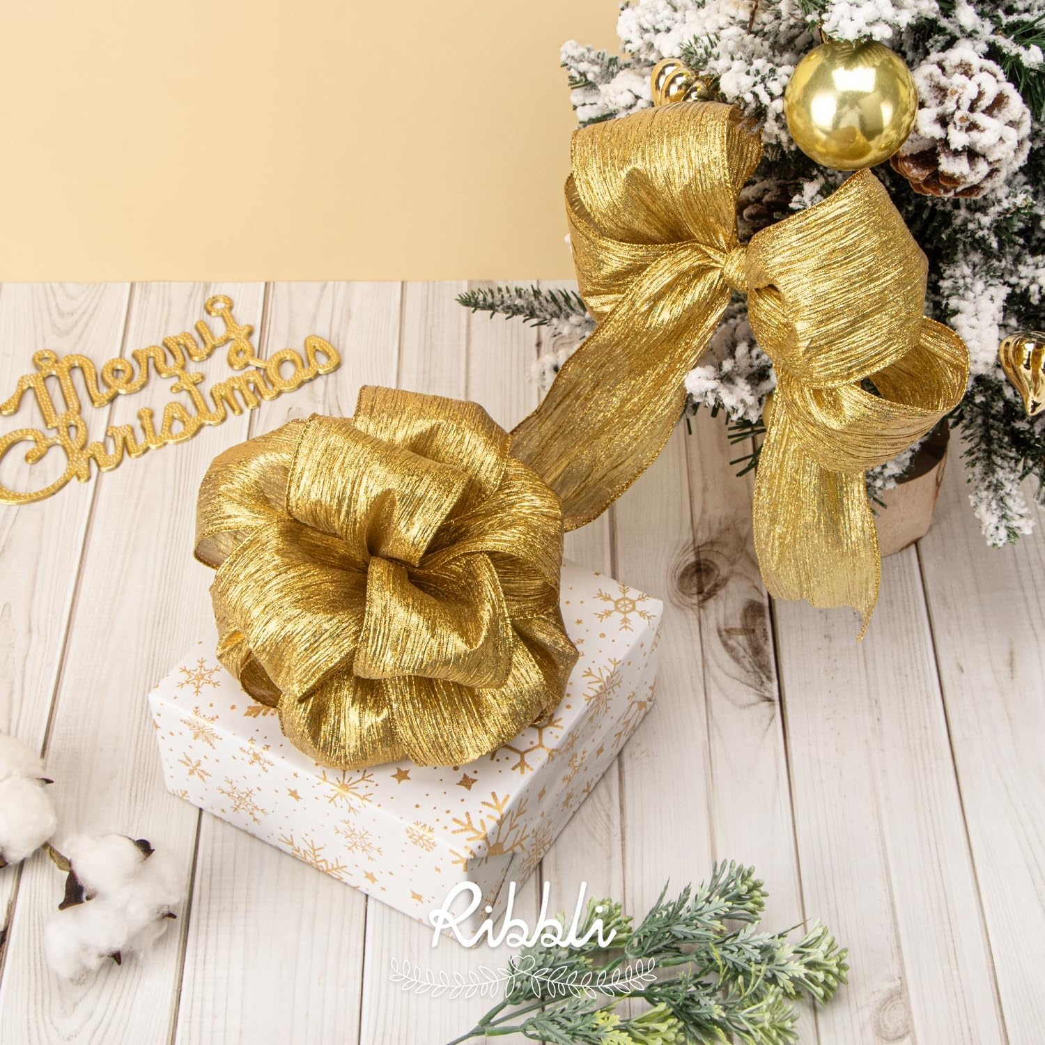 Ribbli Champagne Pink Crinkled Wired Ribbon with Metallic Edge, Pink Christmas Ribbon for Garland, Wreaths,Topper Bow,Swags, Christmas Tree Decoration 2-1/2 Inch x 10 Yard(Gold (Iridescent))