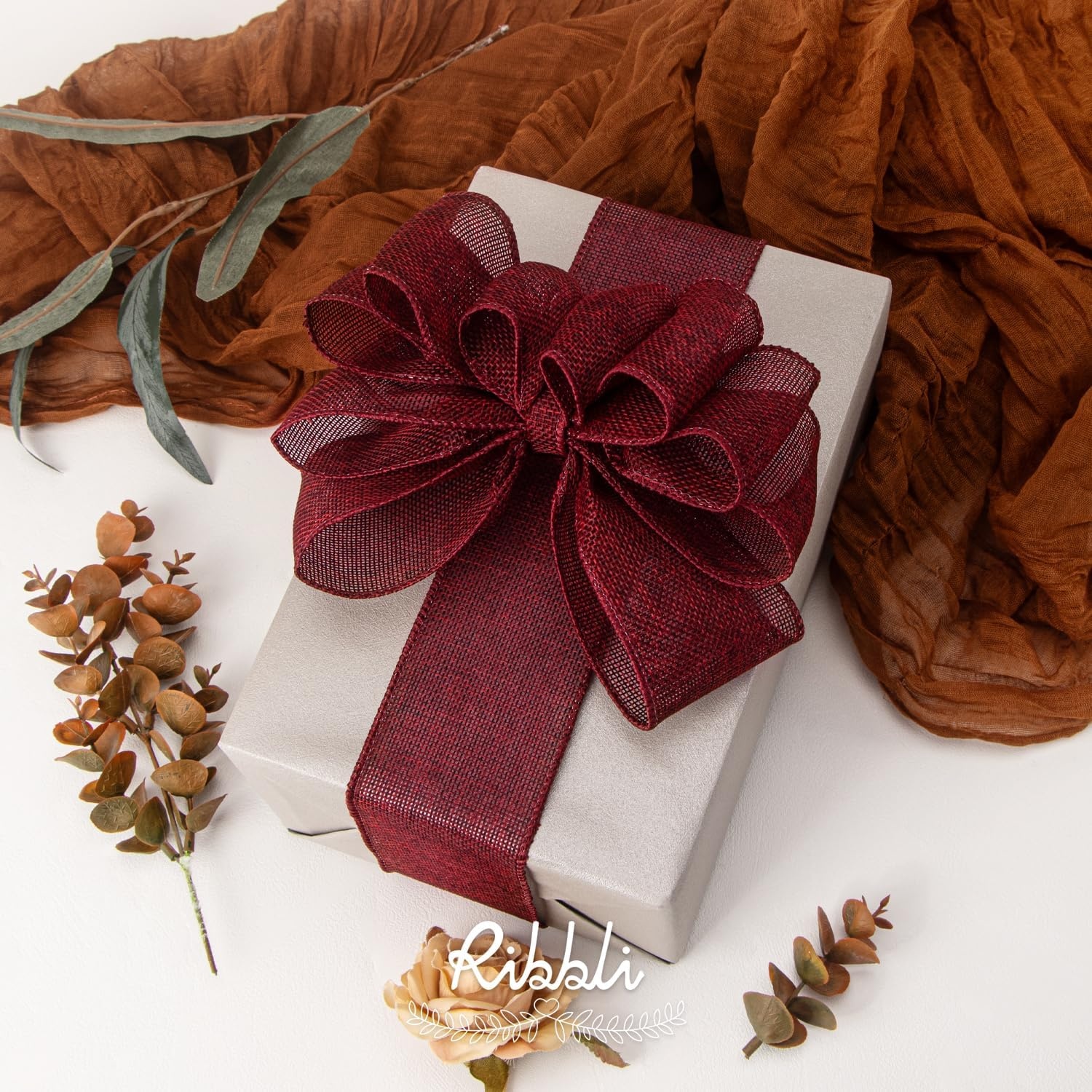 Ribbli Baby Blue Burlap Wired Ribbon,2-1/2 Inch x Continuous 10 Yard, Wired Edge Ribbon for Big Bow,Wreath,Baby Shower Decoration,Outdoor Decoration(Dk.Red)